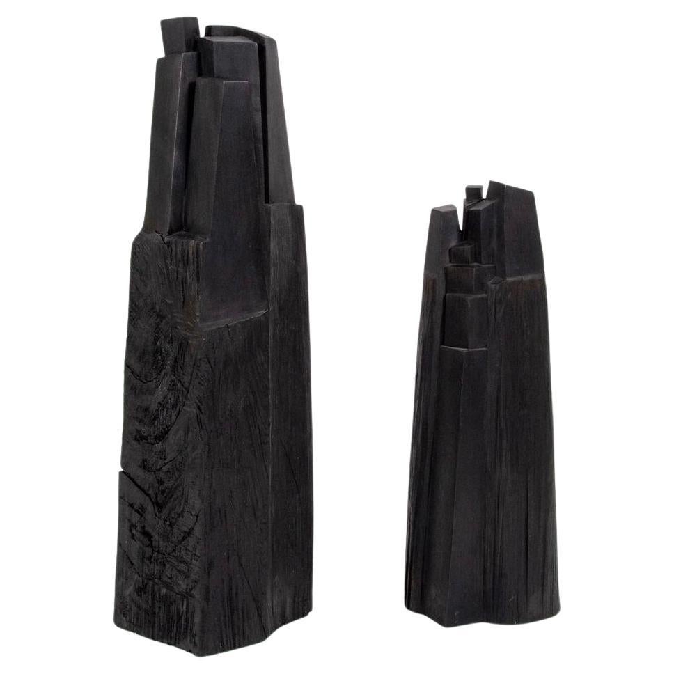 Black Wooden Sculptures "Refuges I & II" by Bertrand Créac'h, 1996 For Sale