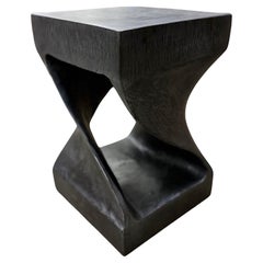 Black Wooden Side Table/ Stool, Organic Modern - Handcarved, IDN 2023
