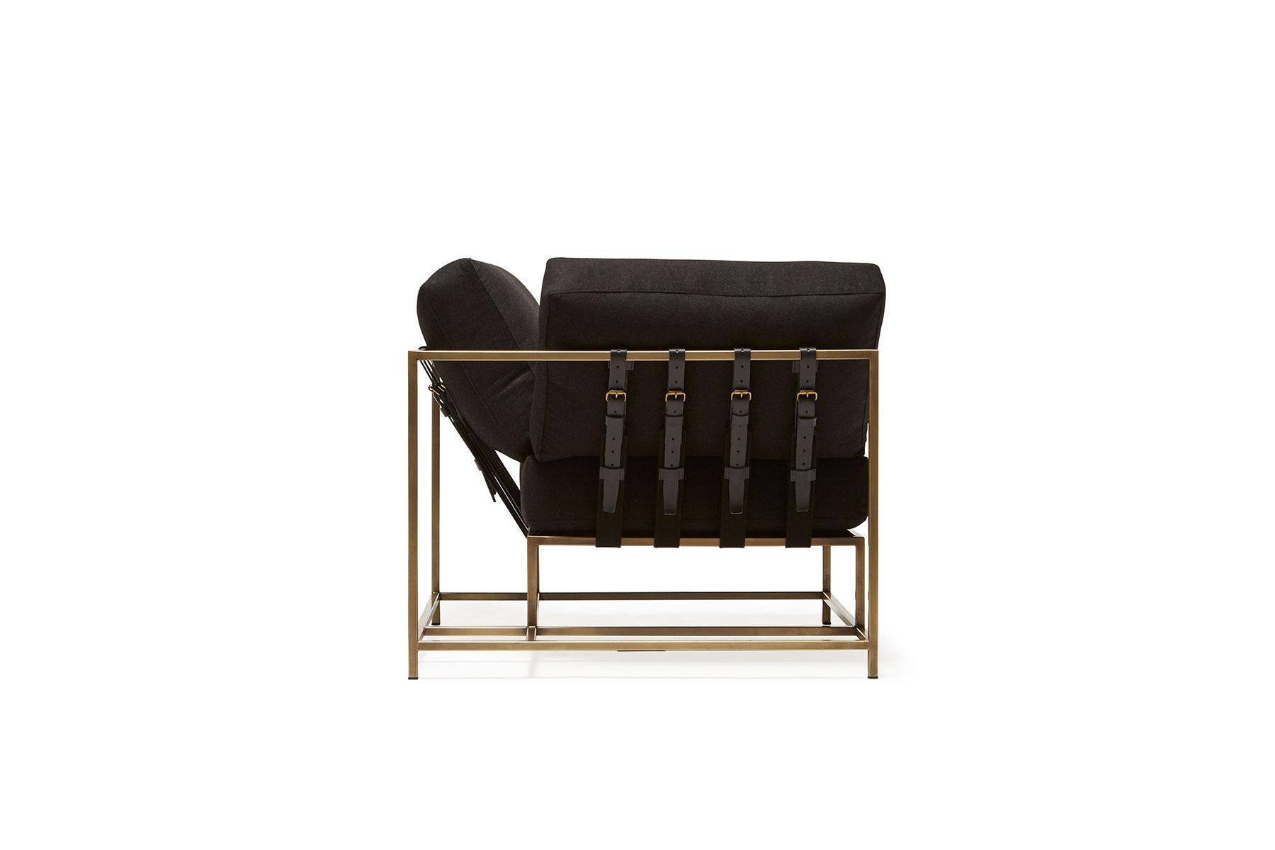 Modern Black Wool and Antique Brass Corner Chair For Sale