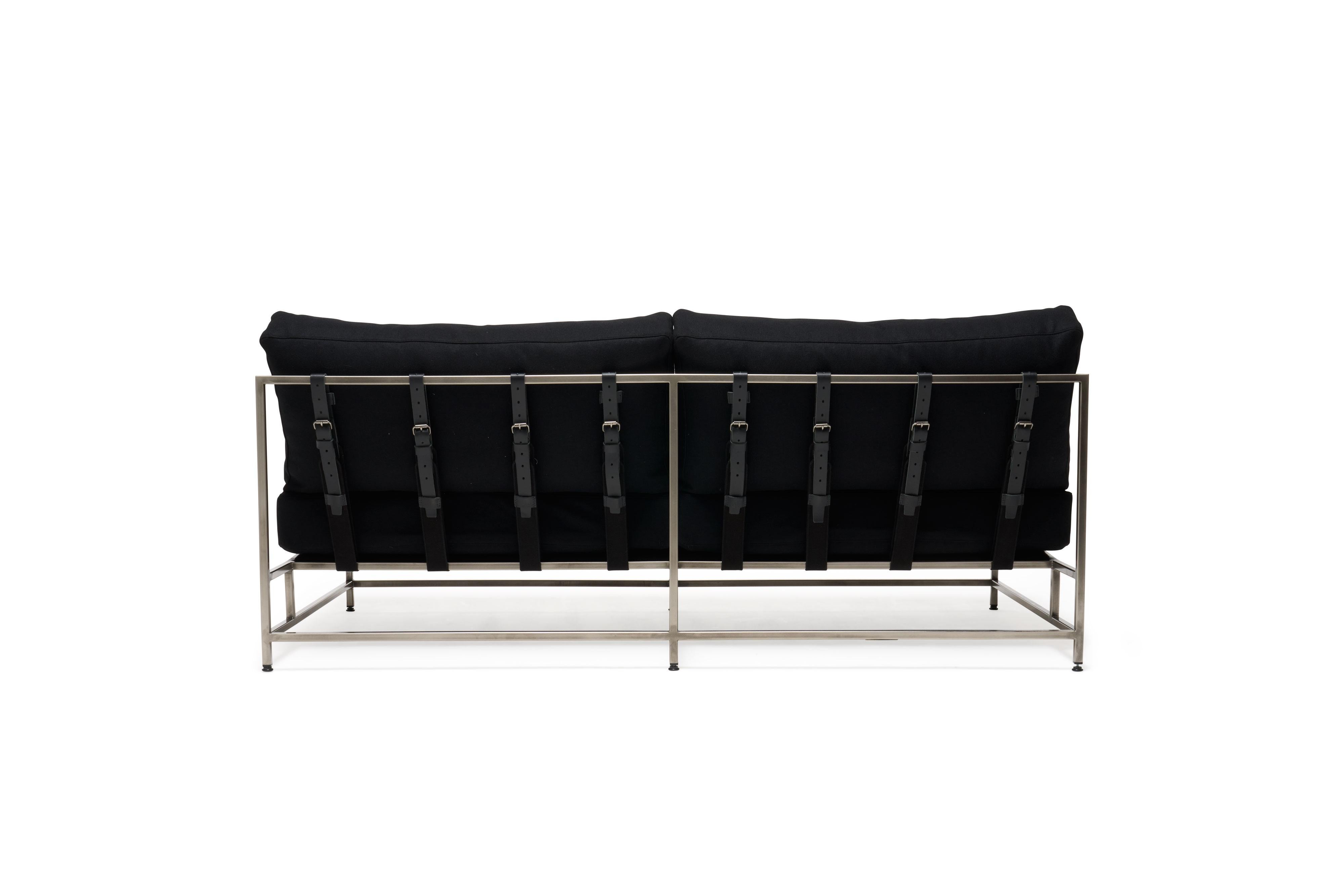 Modern Black Wool and Antique Nickel Loveseat For Sale