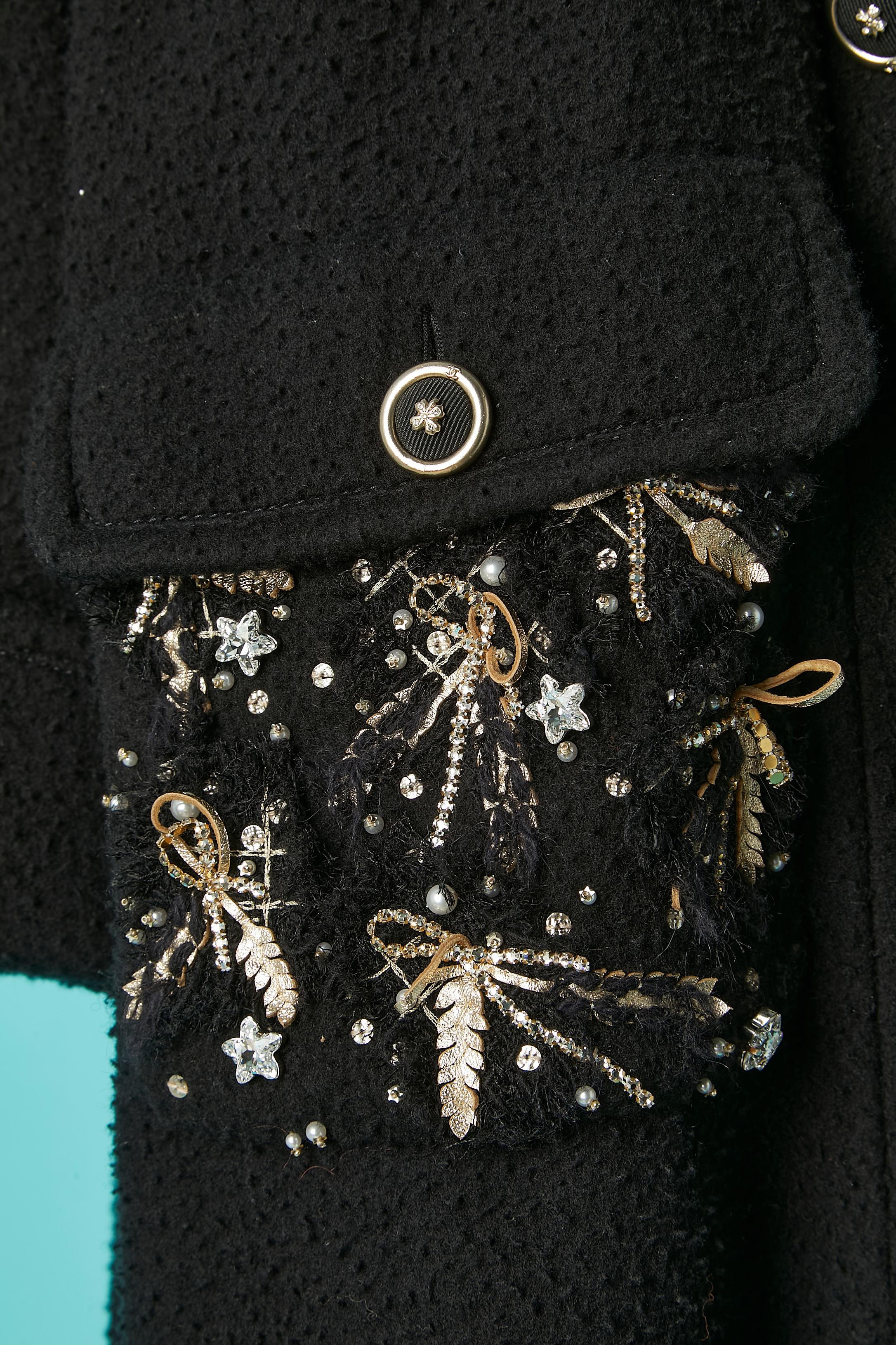 Black wool and cashmere double-breasted coat with embroideries on pockets Chanel In Excellent Condition For Sale In Saint-Ouen-Sur-Seine, FR
