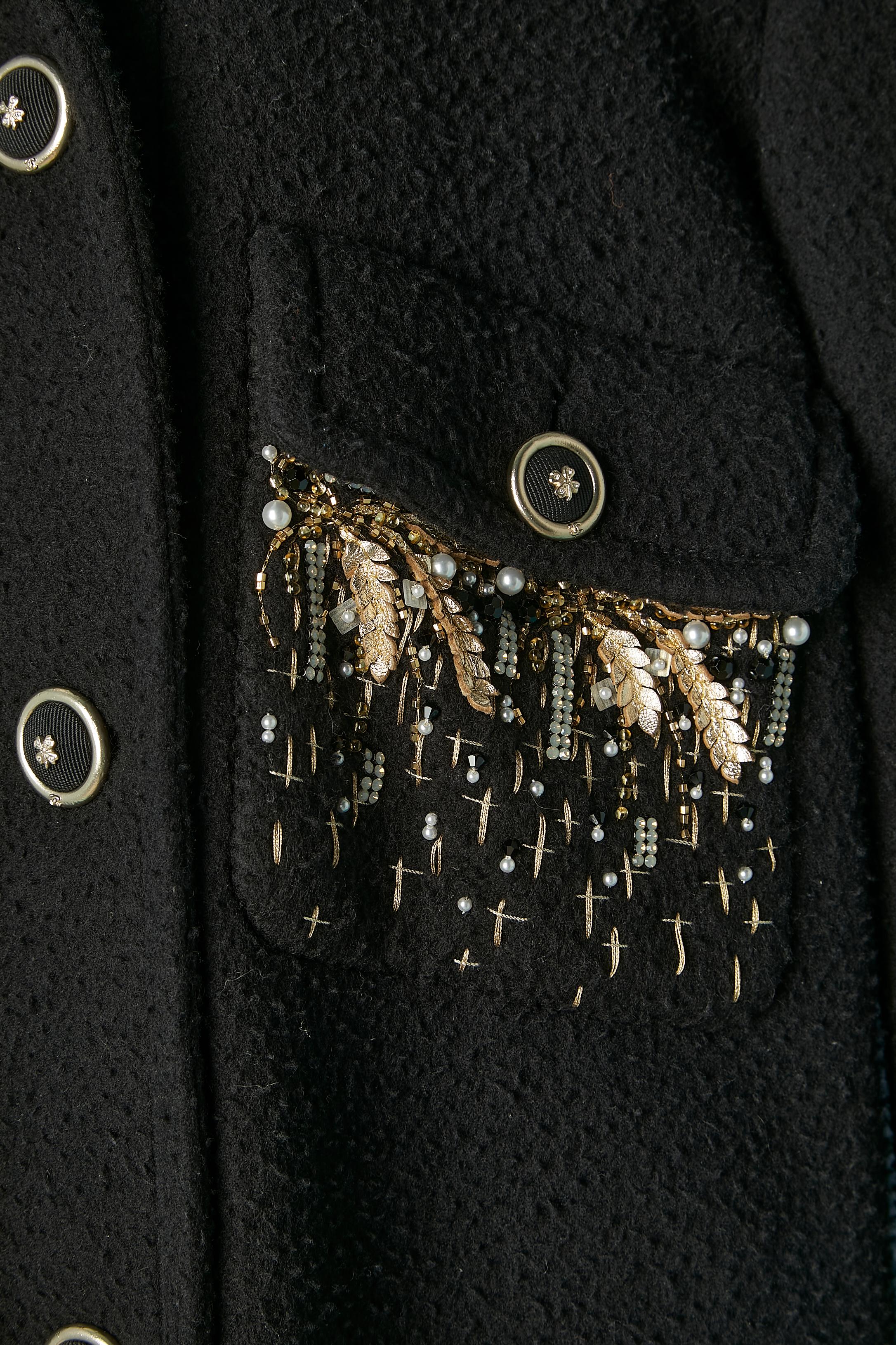 Women's or Men's Black wool and cashmere double-breasted coat with embroideries on pockets Chanel For Sale