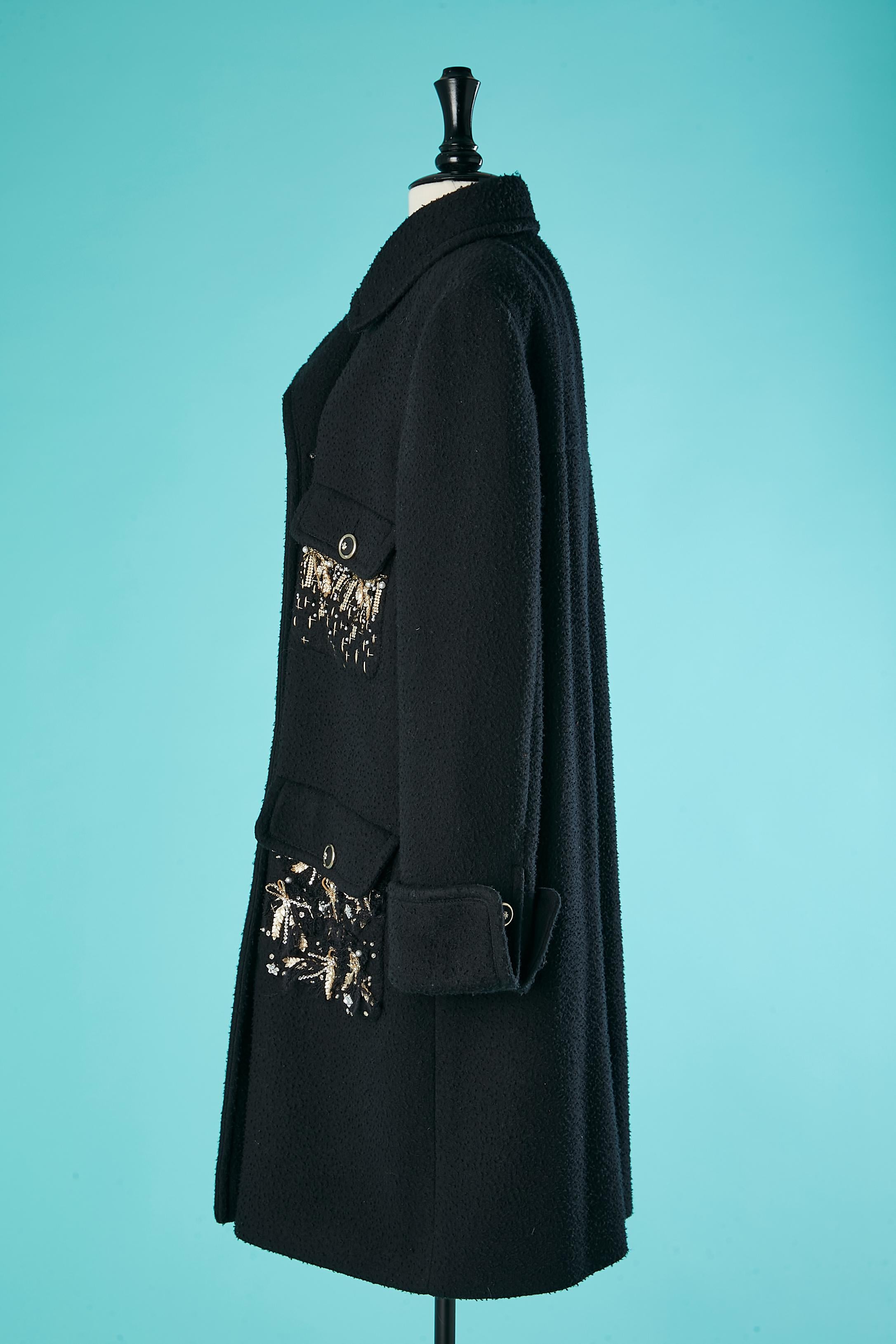 Black wool and cashmere double-breasted coat with embroideries on pockets Chanel For Sale 1