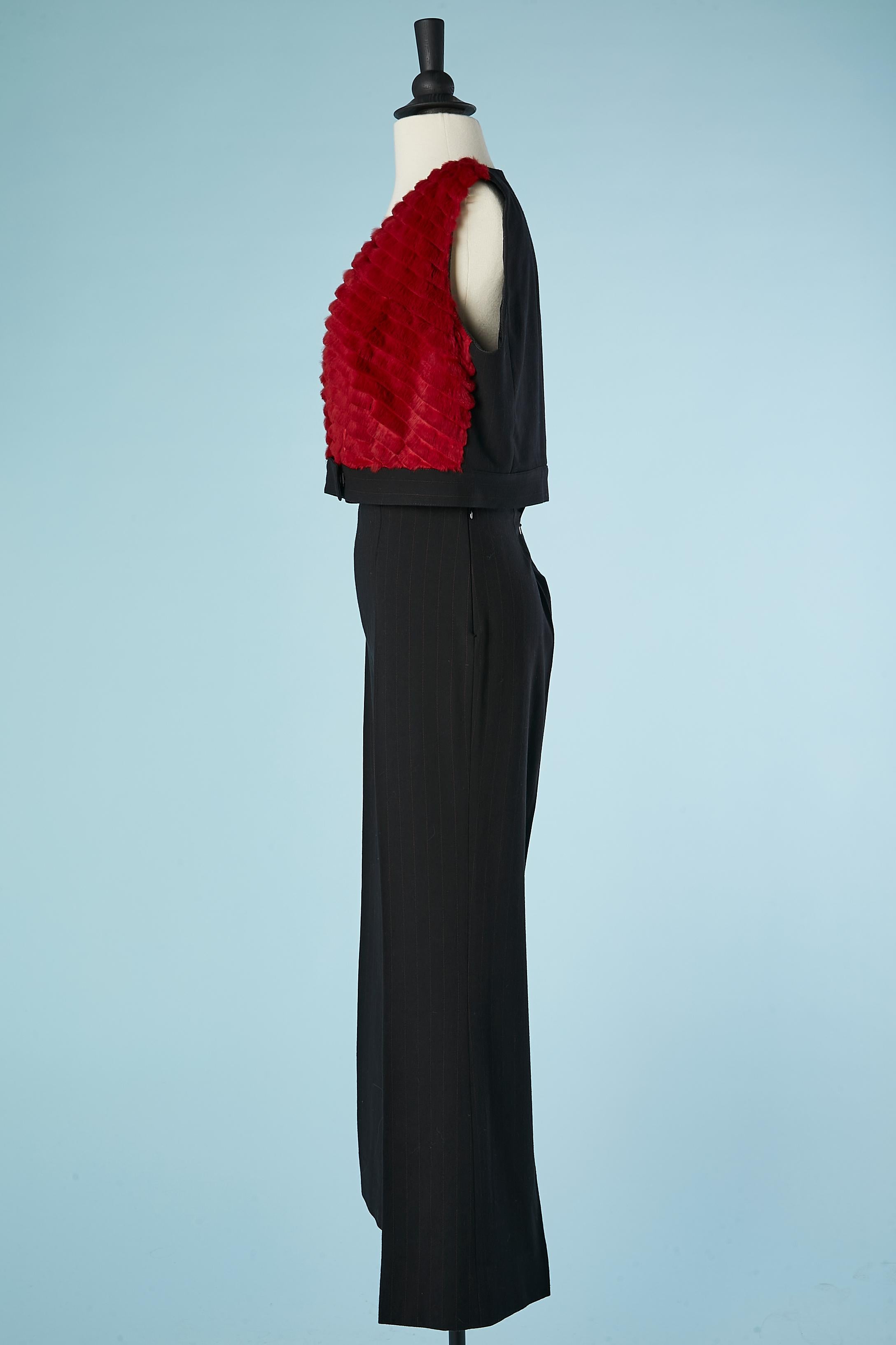 Black wool and red pin-stripe trouser-suit and fur vest Gianfranco Ferré Studio 6