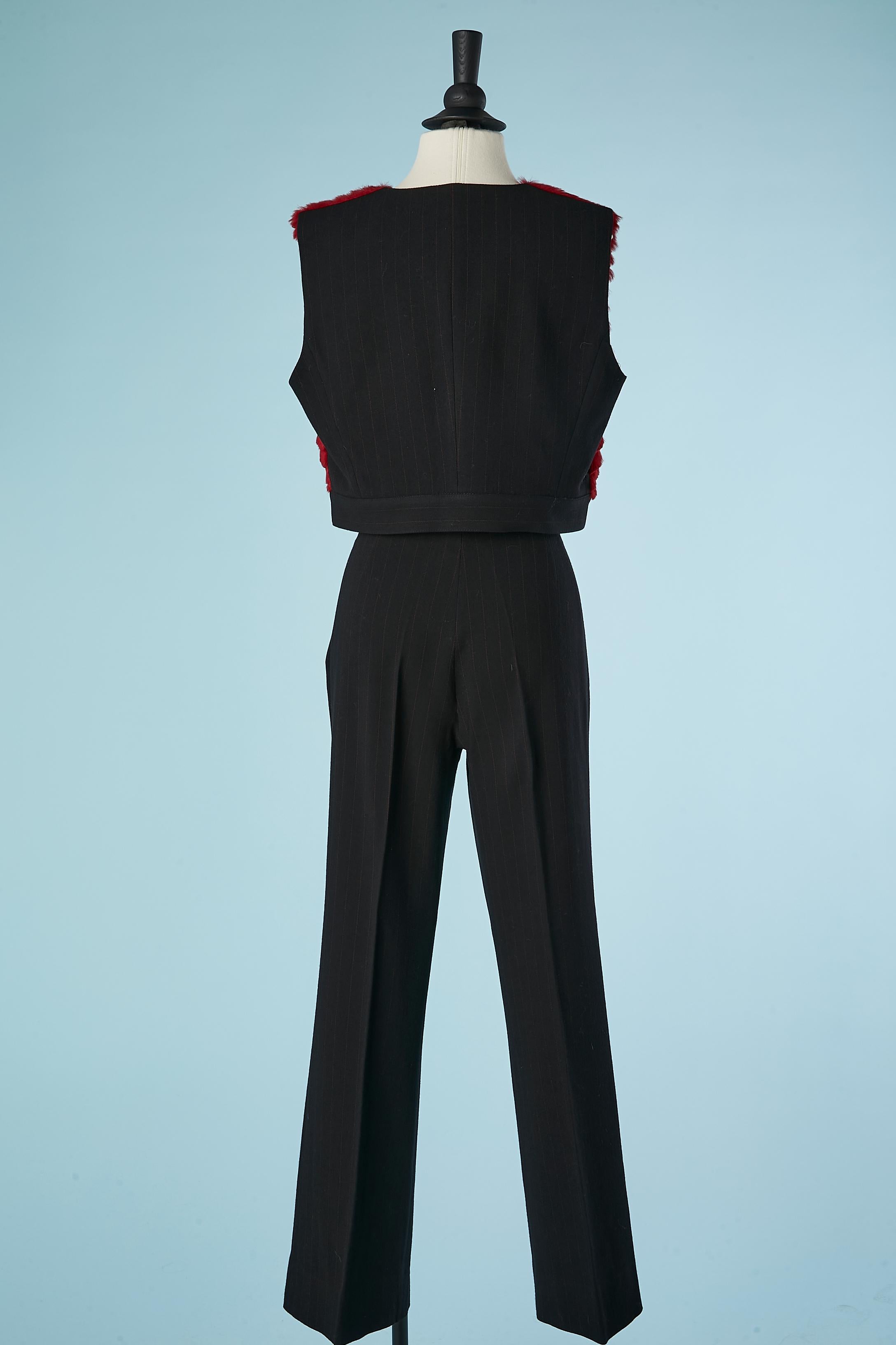 Black wool and red pin-stripe trouser-suit and fur vest Gianfranco Ferré Studio For Sale 7