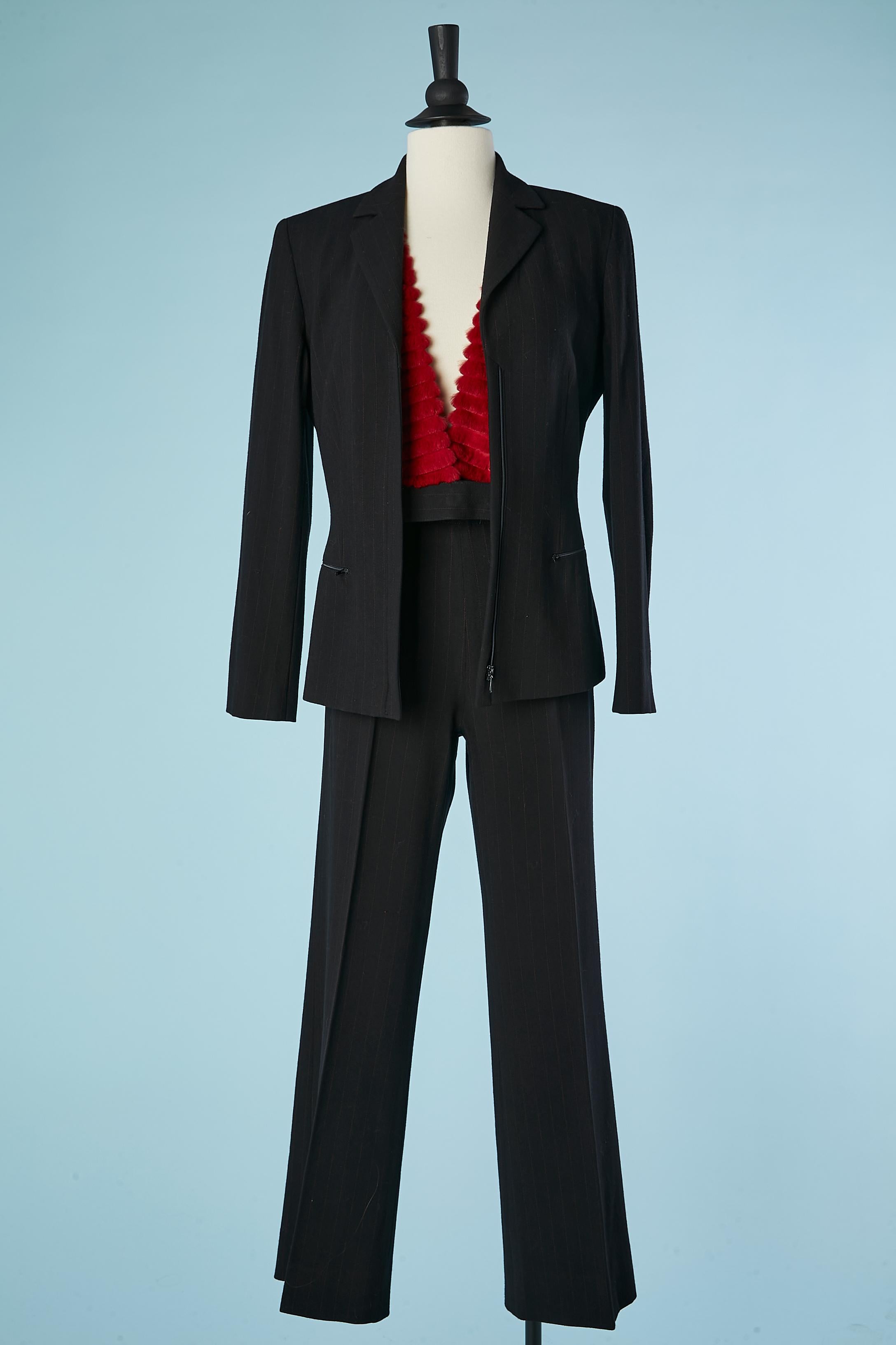Women's Black wool and red pin-stripe trouser-suit and fur vest Gianfranco Ferré Studio For Sale