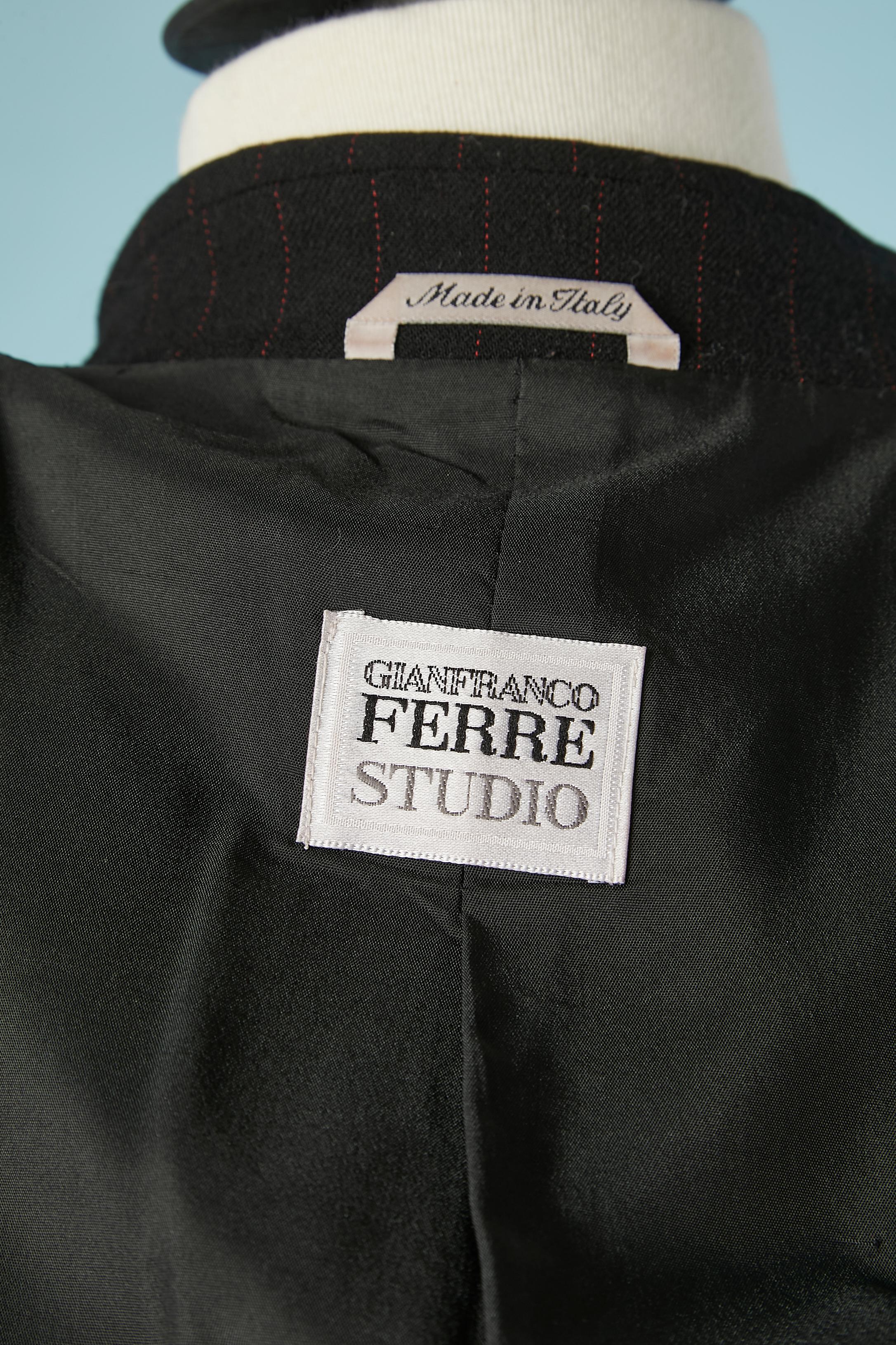 Black wool and red pin-stripe trouser-suit and fur vest Gianfranco Ferré Studio 2