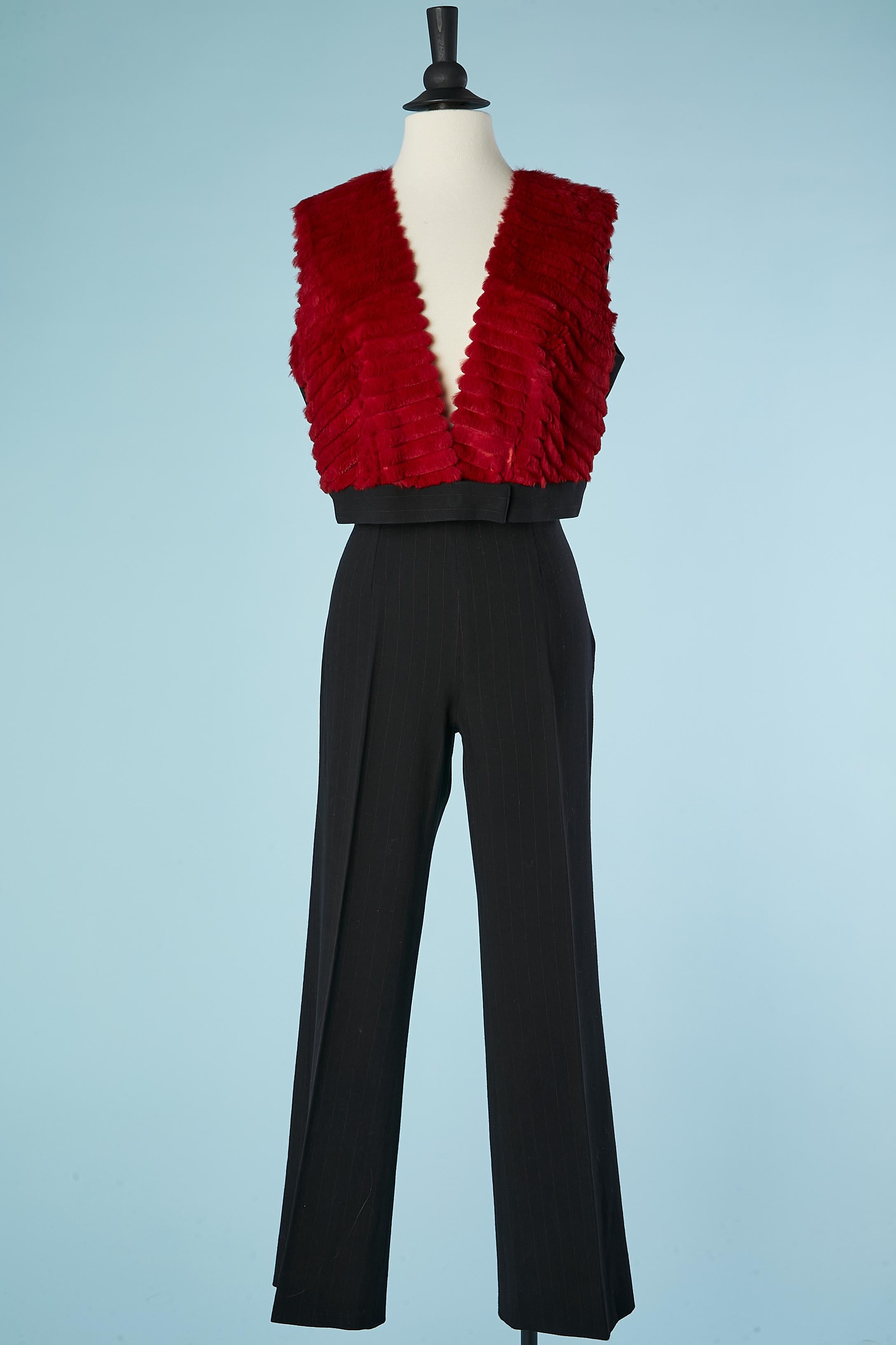 Black wool and red pin-stripe trouser-suit and fur vest Gianfranco Ferré Studio For Sale 3