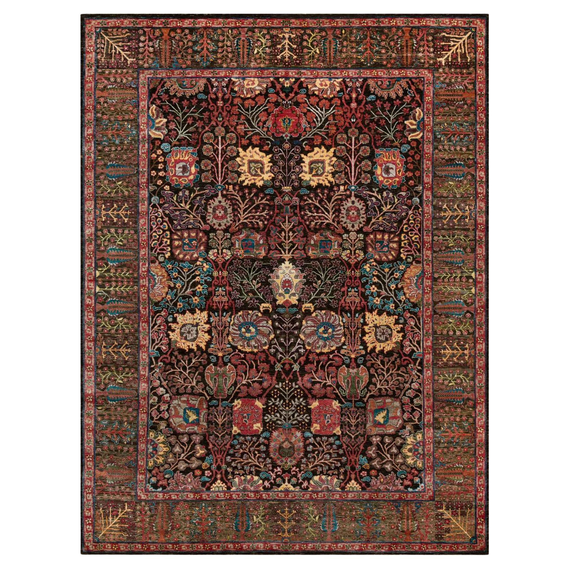 Black Wool and Silk Hand Knotted Tabriz Vase Fine Oriental Rug 9'1" x 12'0" For Sale