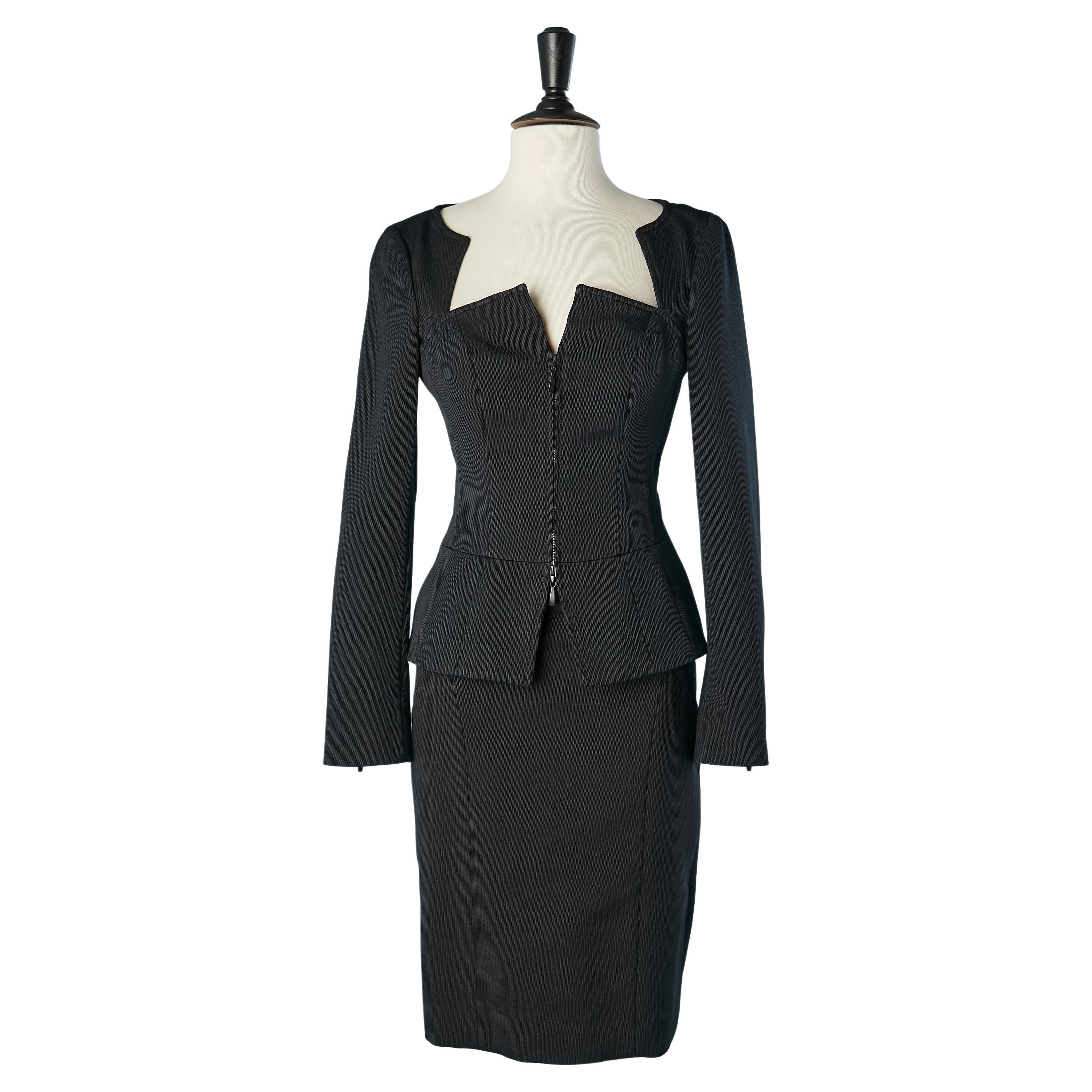 Black wool and silk skirt-suit  with zip in the middle front Escada  For Sale