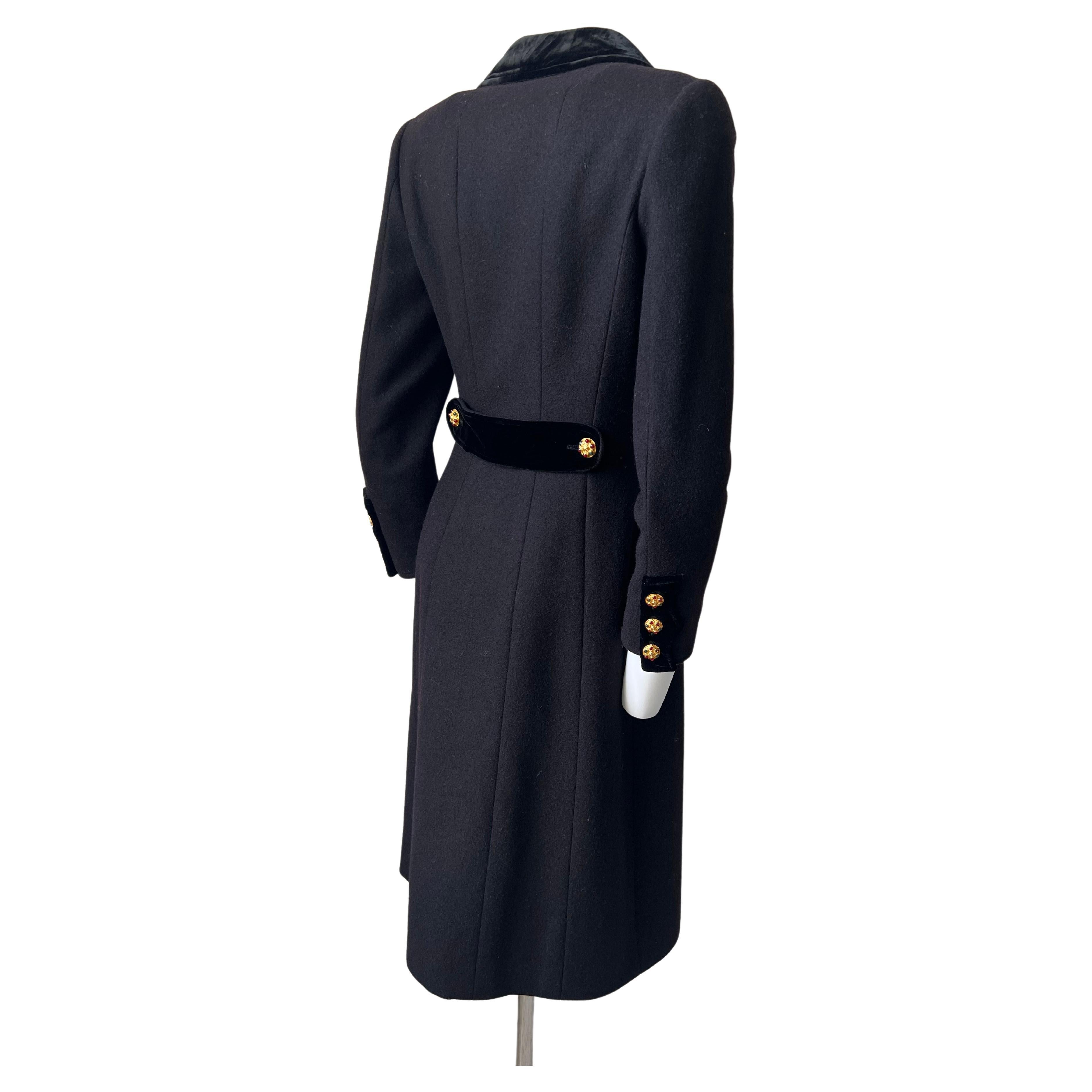Black Wool and Velvet  Officier Coat, Gripoix Jewels Buttons, Chanel  1996 A For Sale 5