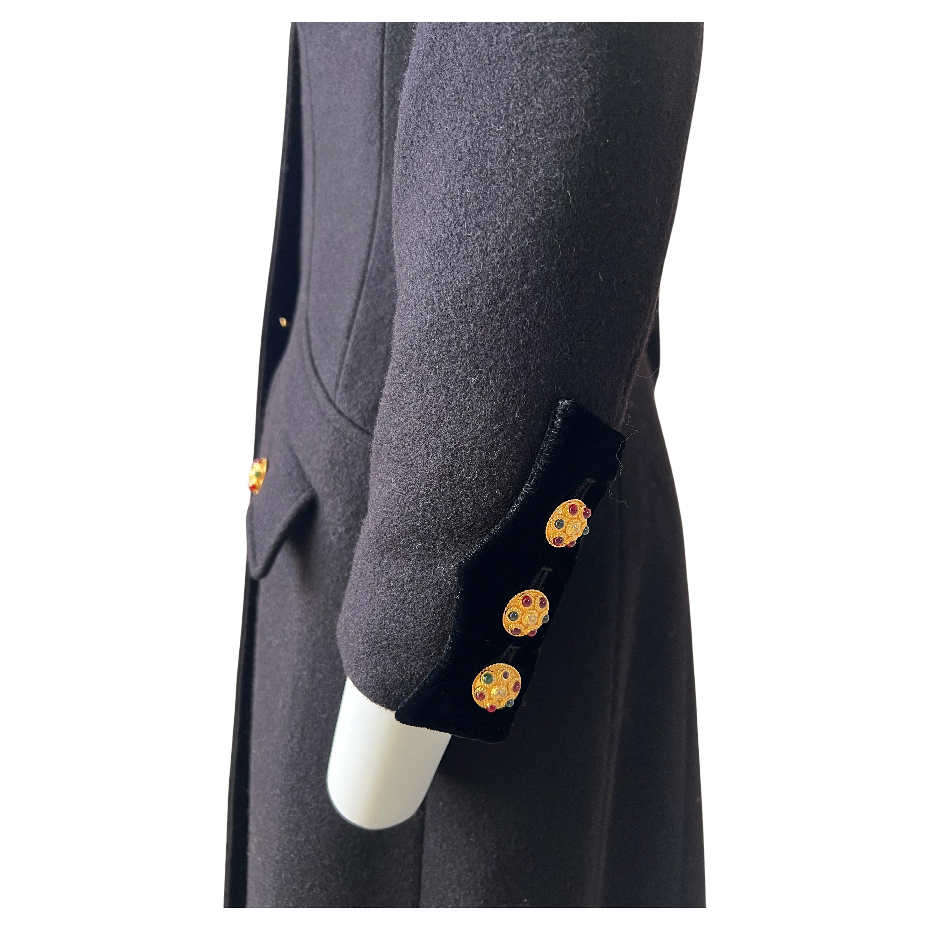 Black Wool and Velvet  Officier Coat, Gripoix Jewels Buttons, Chanel  1996 A  For Sale 7