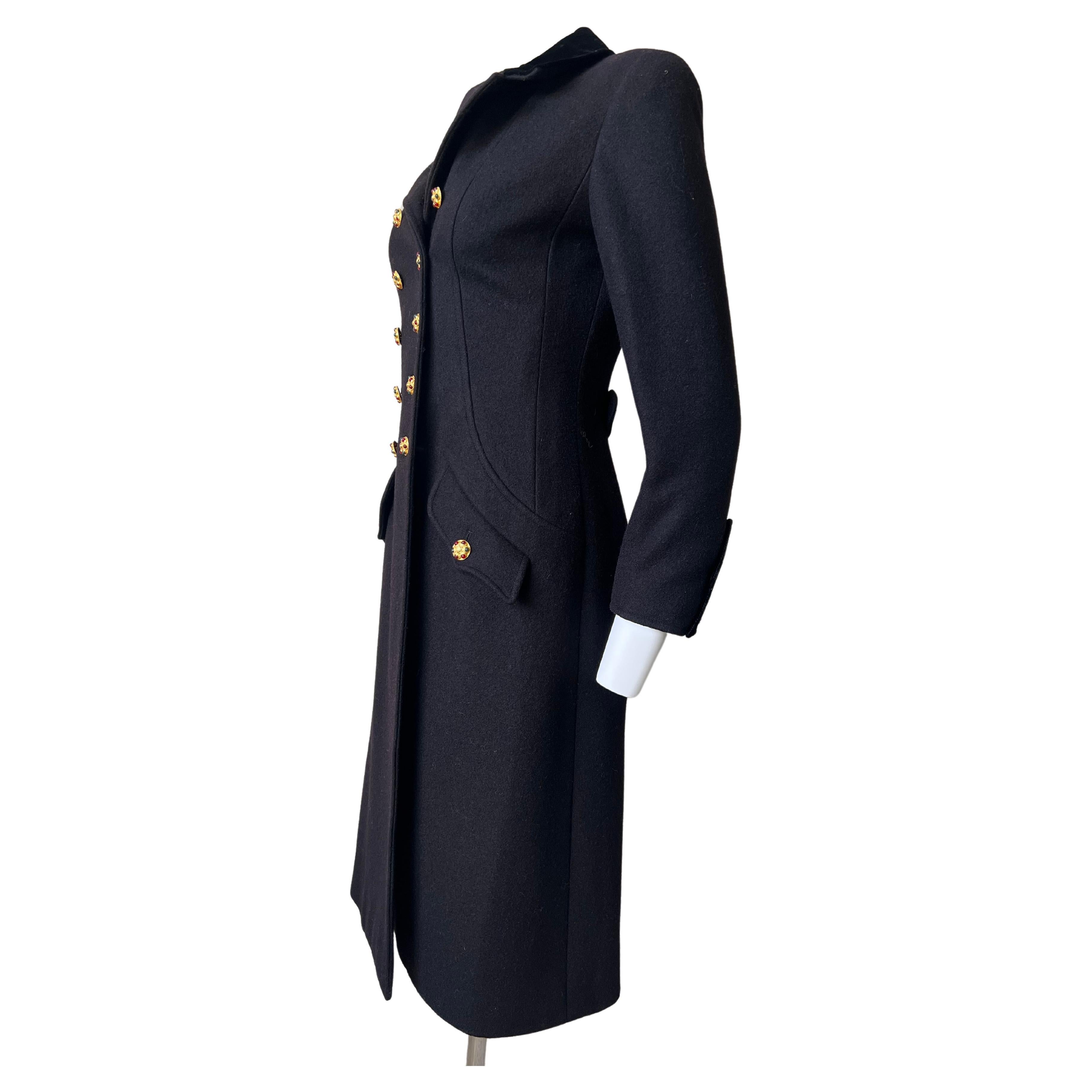 Black Wool and Velvet  Officier Coat, Gripoix Jewels Buttons, Chanel  1996 A  For Sale 9