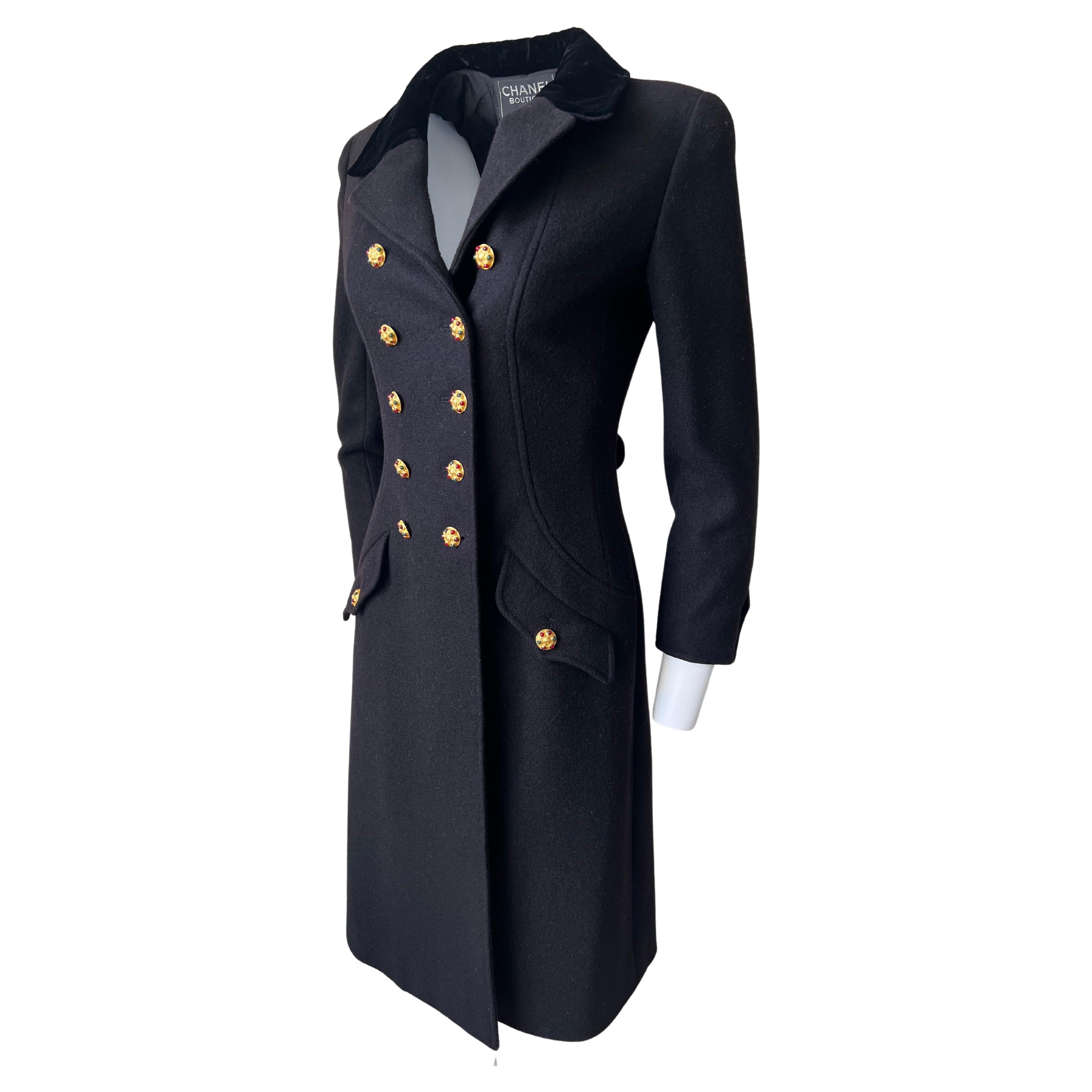 Black Wool and Velvet  Officier Coat, Gripoix Jewels Buttons, Chanel  1996 A  For Sale 10