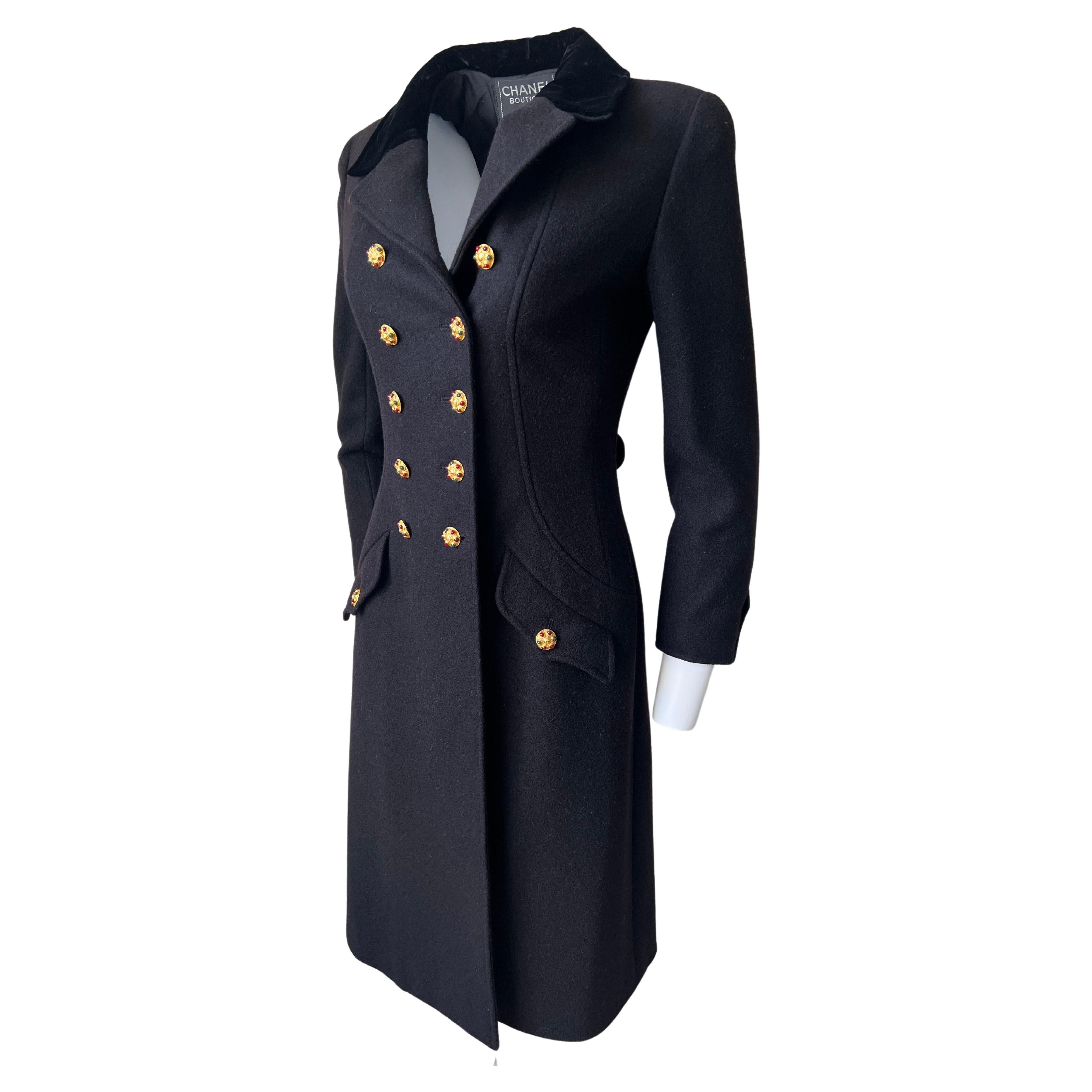Black Wool and Velvet  Officier Coat, Gripoix Jewels Buttons, Chanel  1996 A For Sale 10