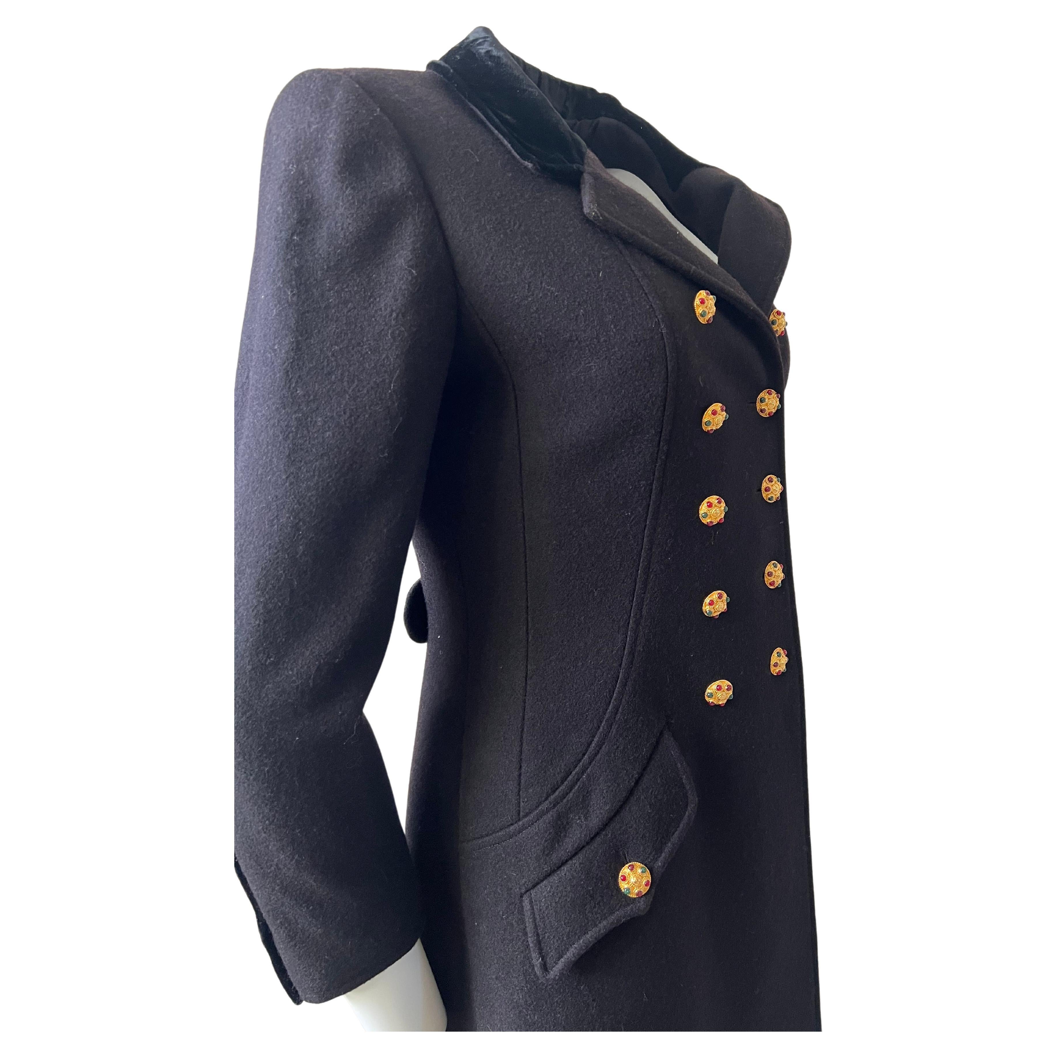 Black Wool and Velvet  Officier Coat, Gripoix Jewels Buttons, Chanel  1996 A  In Good Condition For Sale In Palm Beach, FL