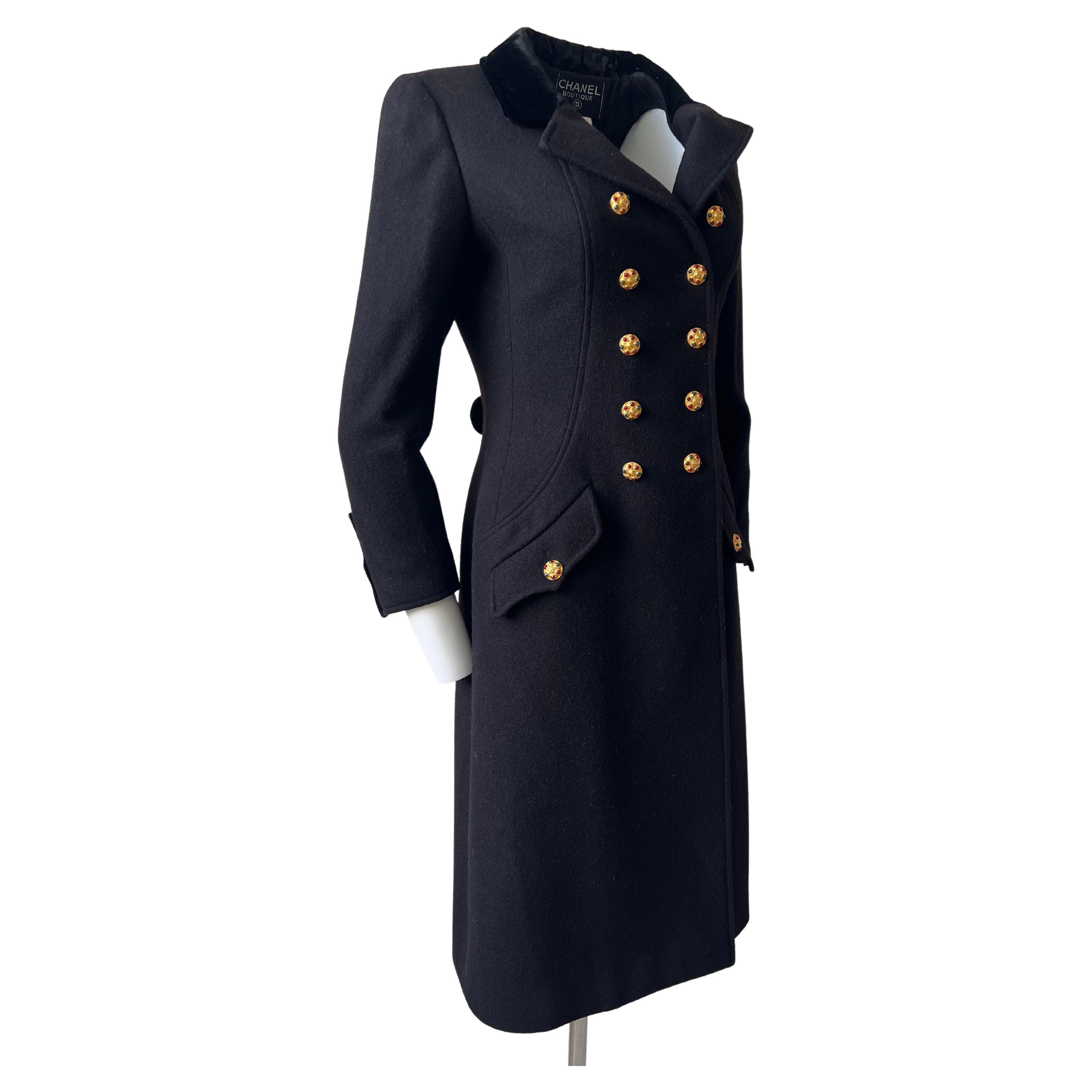 Black Wool and Velvet  Officier Coat, Gripoix Jewels Buttons, Chanel  1996 A For Sale 3