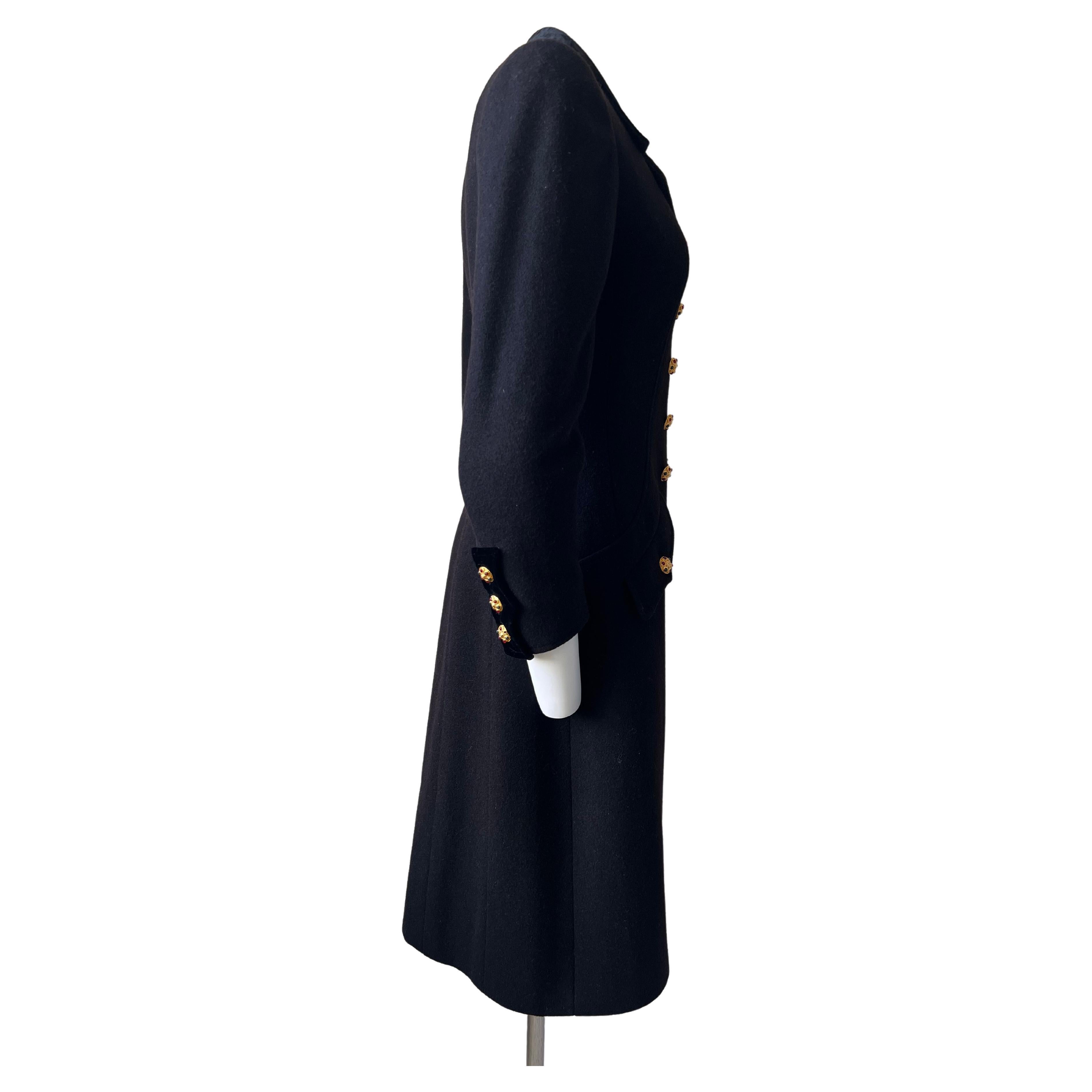 Black Wool and Velvet  Officier Coat, Gripoix Jewels Buttons, Chanel  1996 A  For Sale 4