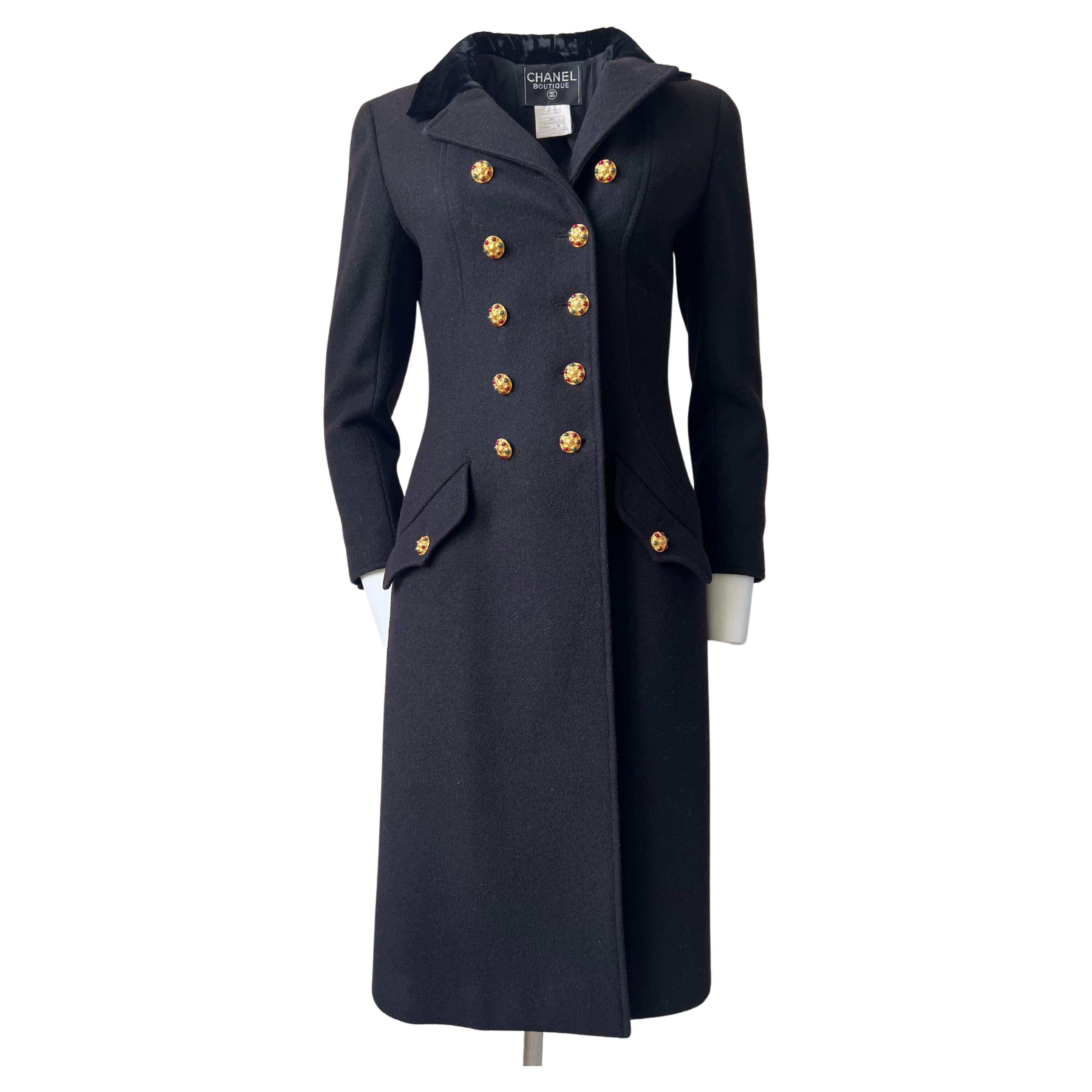Black Wool and Velvet  Officier Coat, Gripoix Jewels Buttons, Chanel  1996 A  For Sale