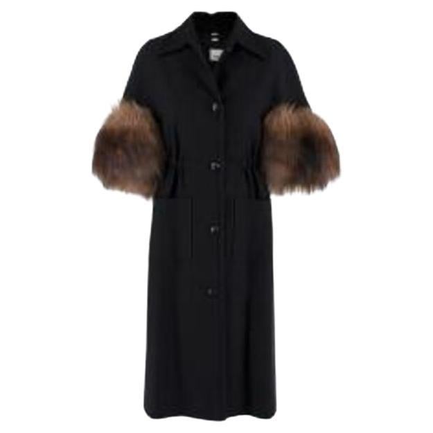 Black Wool Blend Short Sleeve Coat with Faux Fur Trim For Sale