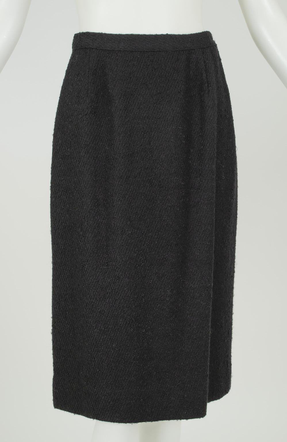Abito Jackie Mourning in lana bouclé nera con colletto a pan e linea ad A, M. I., anni '60 in vendita 7