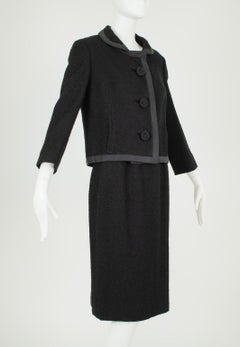 Black Wool Bouclé Peter Pan Collar A-Line Jackie Mourning Suit– M, 1960s