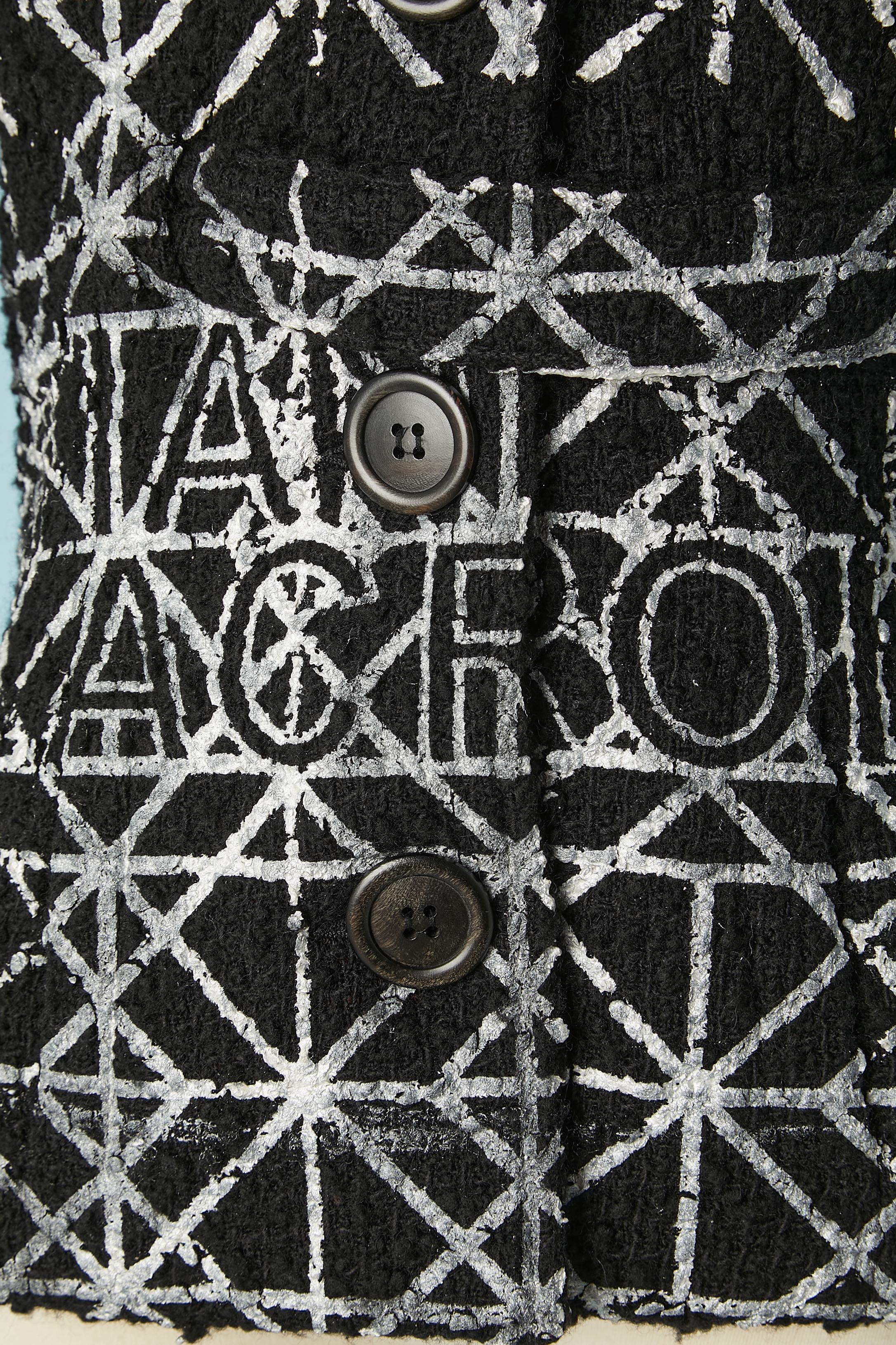 Black wool bouclette jacket with silver paint appliqué Christian Lacroix Jeans  In Excellent Condition For Sale In Saint-Ouen-Sur-Seine, FR