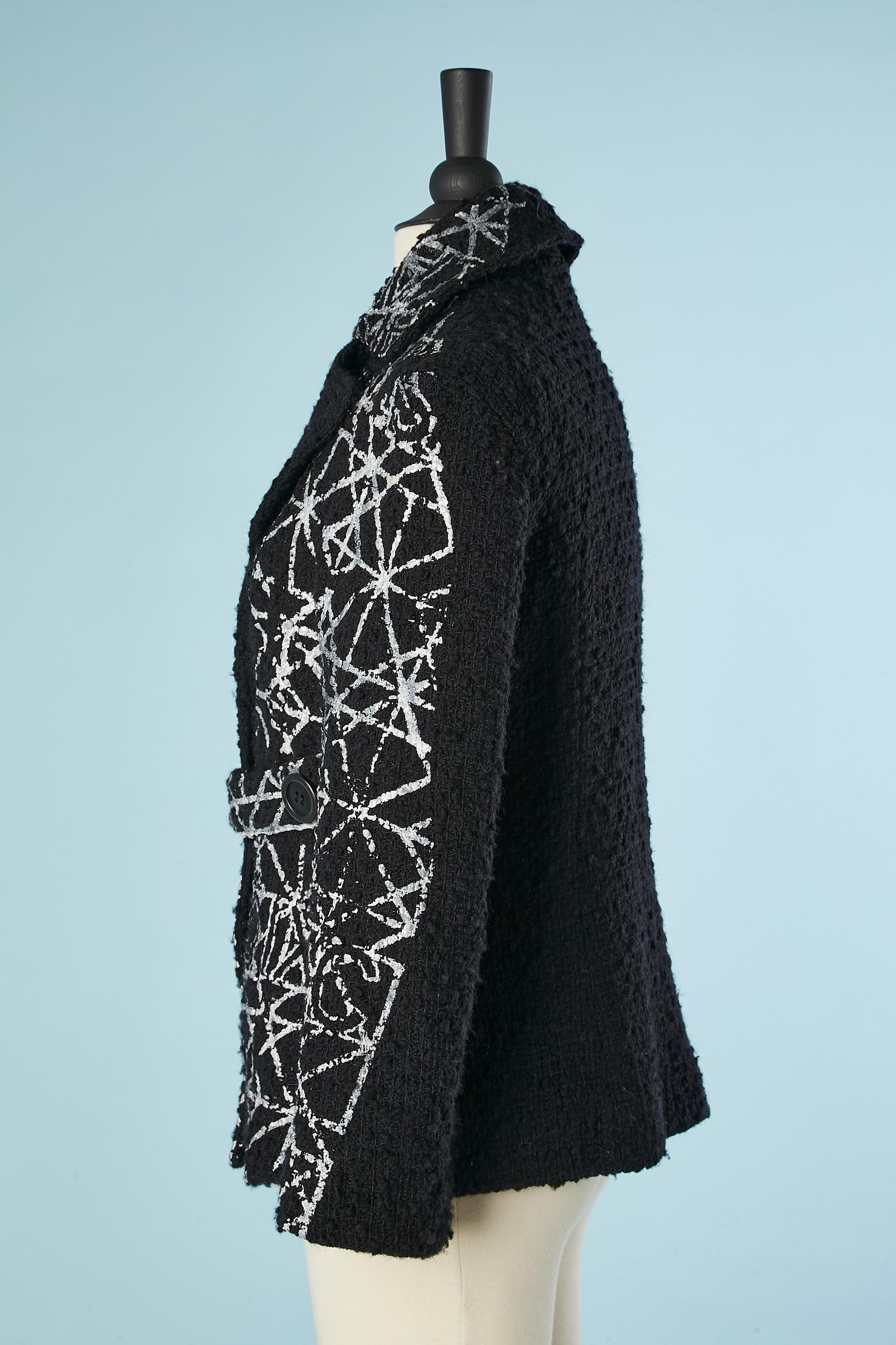 Black wool bouclette jacket with silver paint appliqué Christian Lacroix Jeans For Sale 1