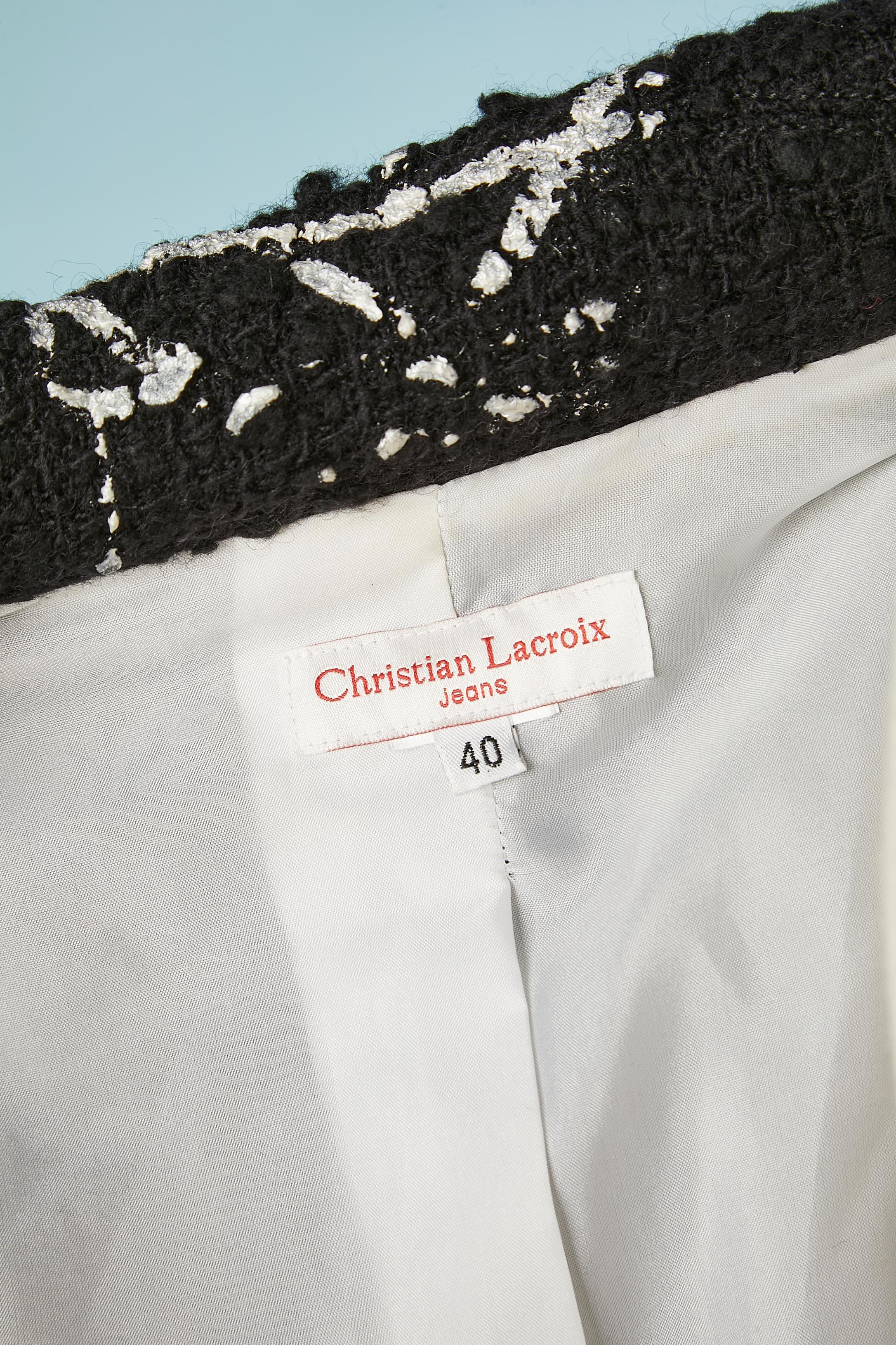 Black wool bouclette jacket with silver paint appliqué Christian Lacroix Jeans  For Sale 3
