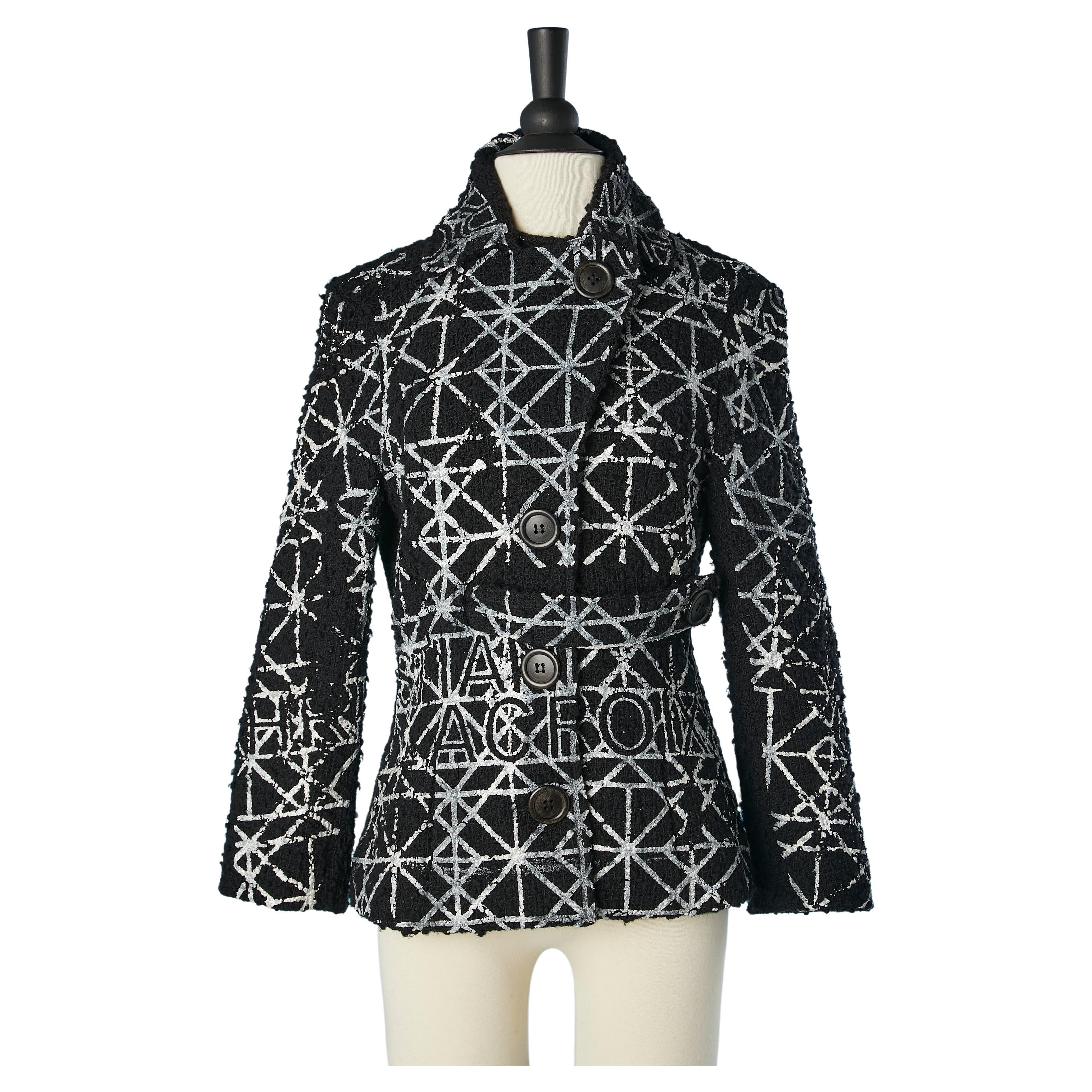 Black wool bouclette jacket with silver paint appliqué Christian Lacroix Jeans  For Sale