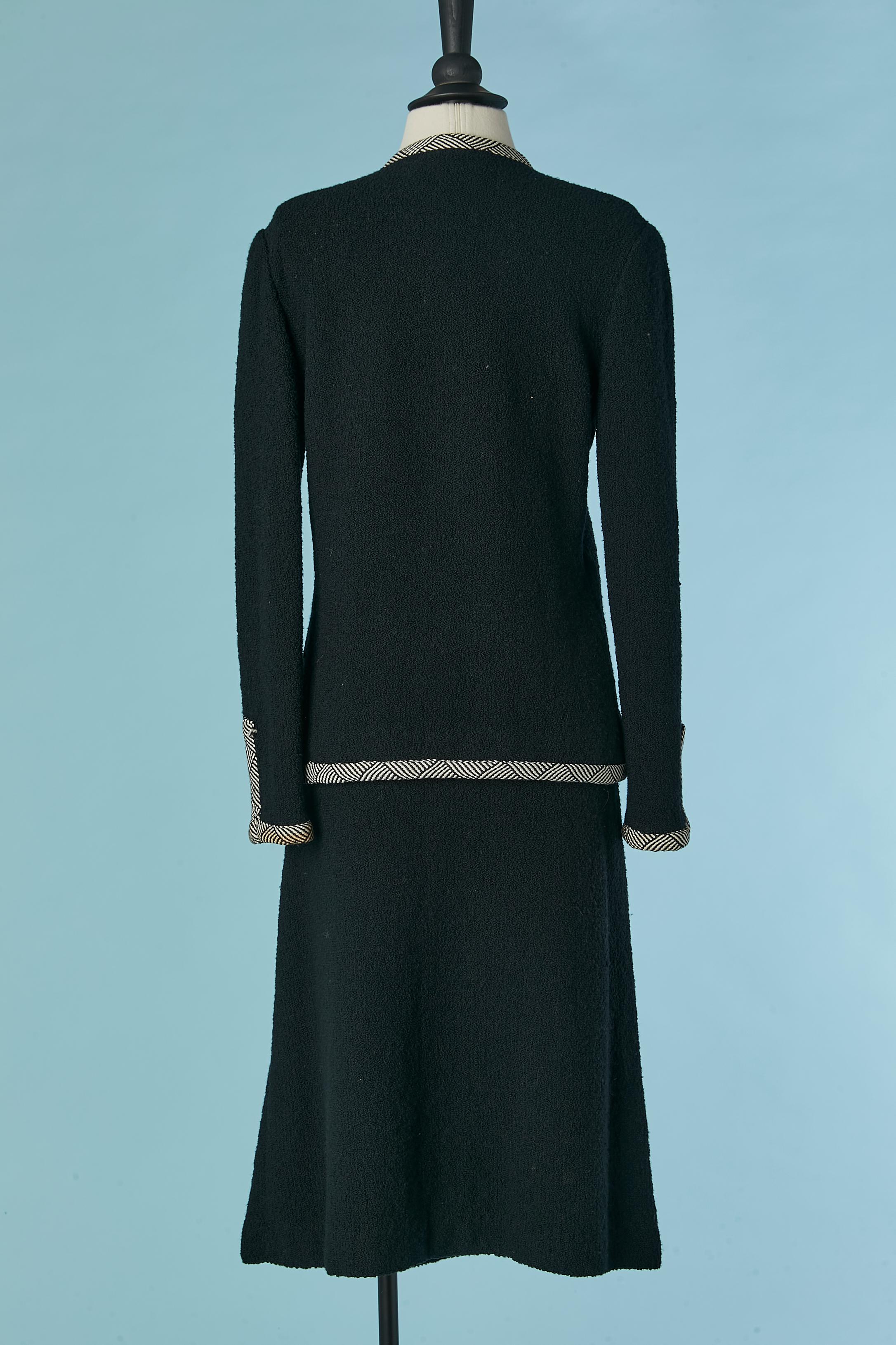 Black wool bouclette skirt-suit with black&white braid piping and bow ADOLFO For Sale 2