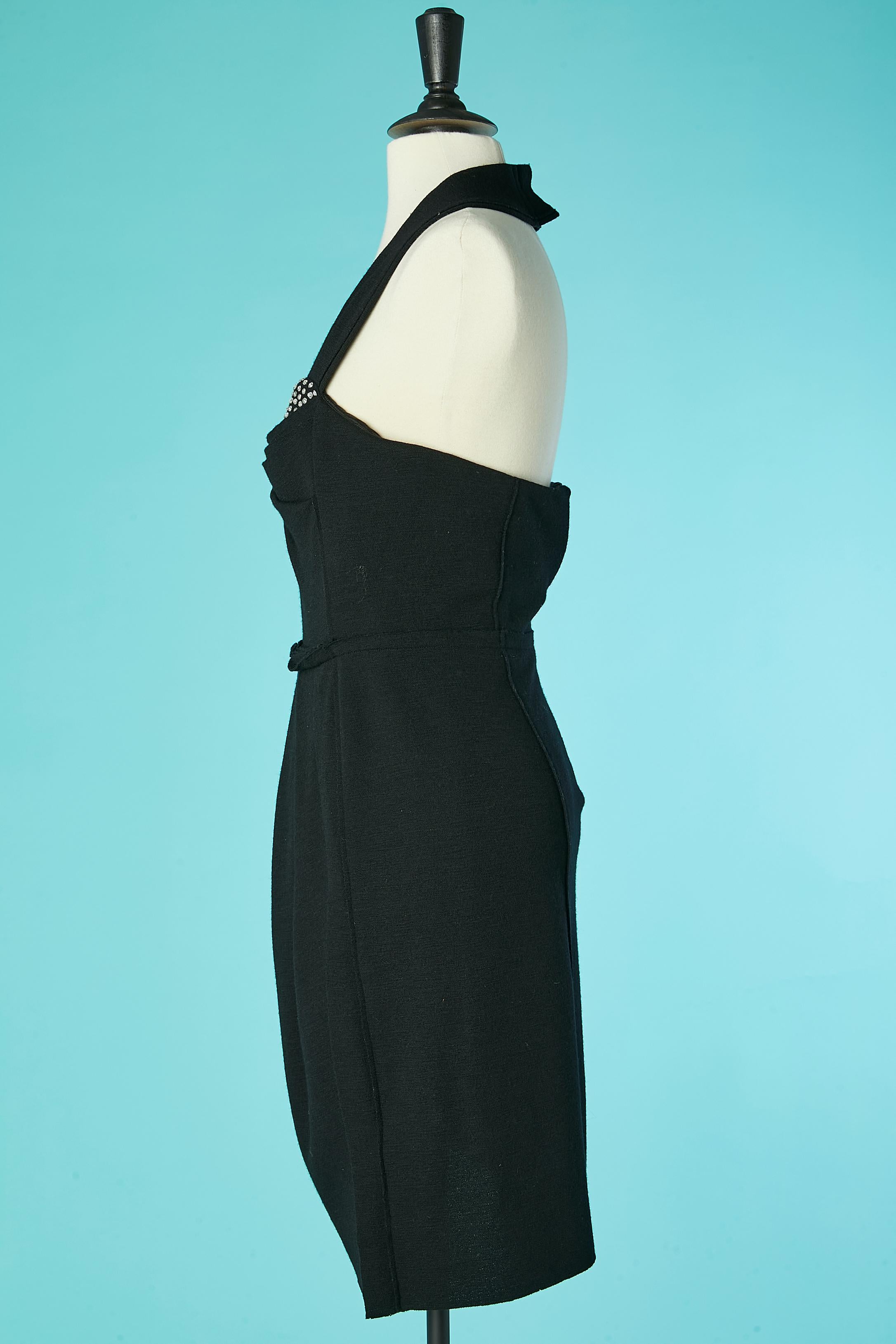 Women's Black wool bustier cocktail dress with rhinestone neckline Sonia Rykiel  For Sale