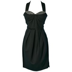 Vestido de cóctel bustier de lana negra con escote de pedrería Sonia Rykiel