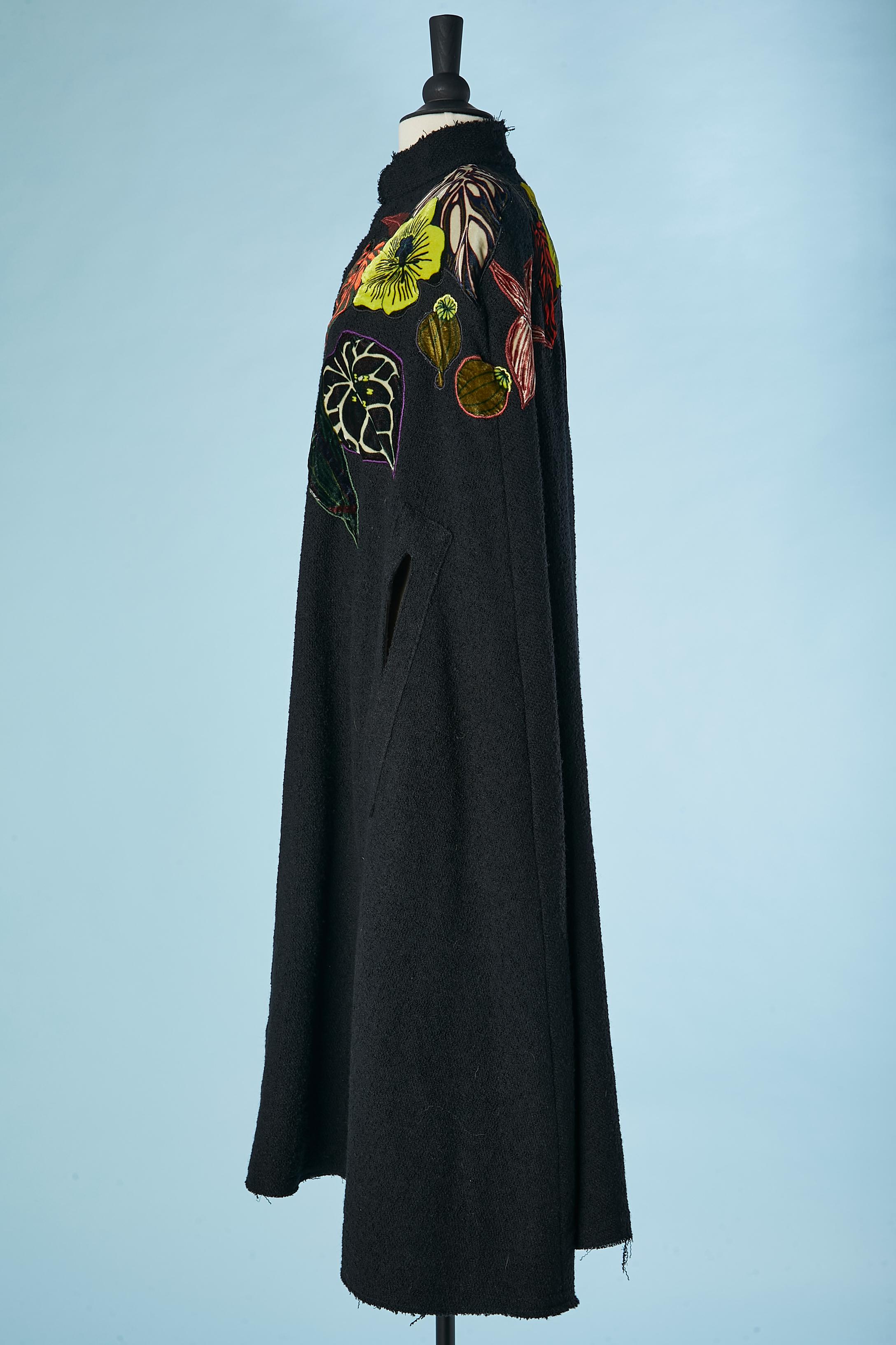 Women's Black wool cape with velvet flowers appliqué Mimi Liberté design by Michel Klein For Sale