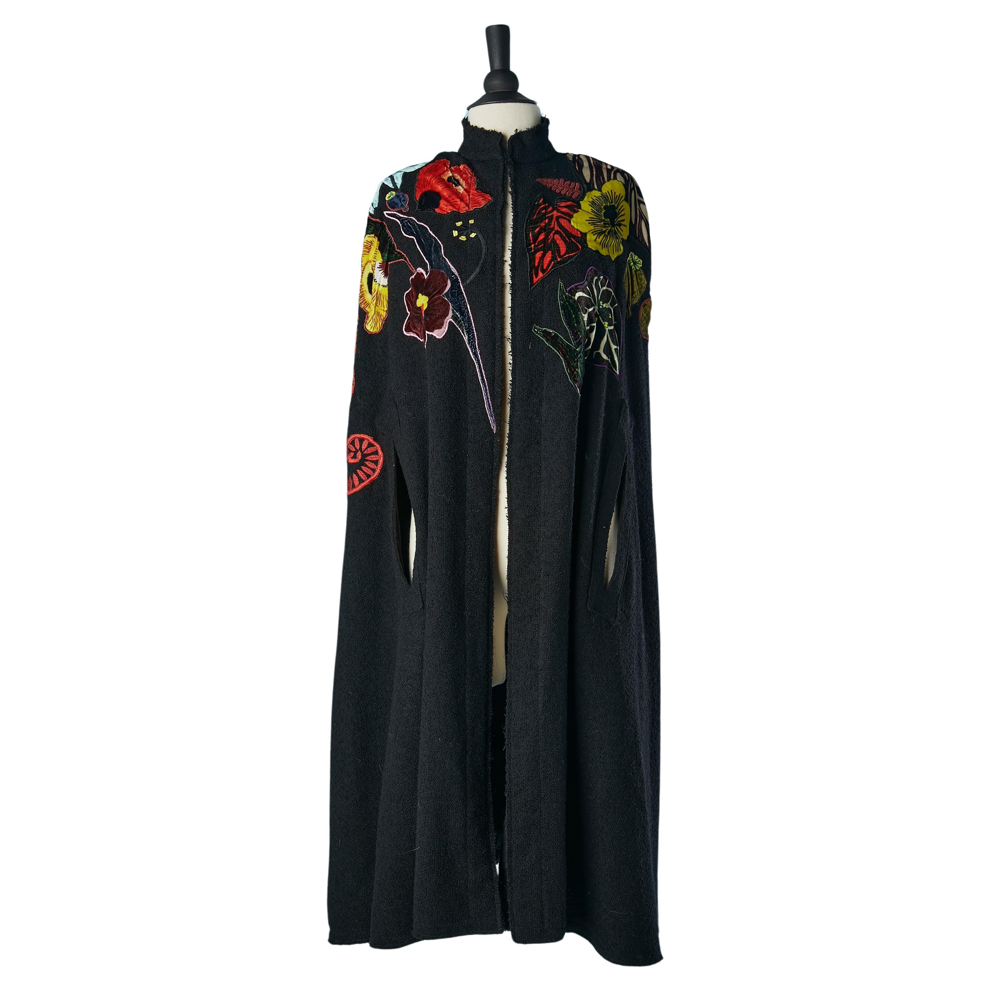 Black wool cape with velvet flowers appliqué Mimi Liberté design by Michel Klein For Sale