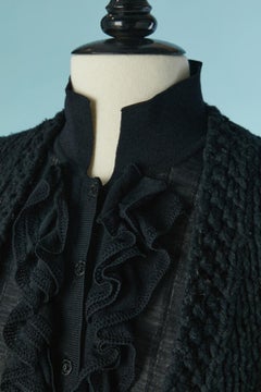 Black wool cardigan with black rayon ruffles on the front CHANEL