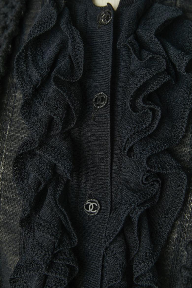 Black wool cardigan with black rayon ruffles on the front CHANEL Damen im Angebot