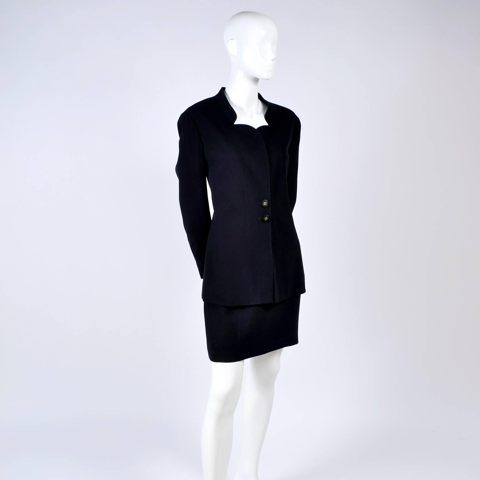 Black Wool Chanel Blazer and Skirt Suit Notched Collar Jacket 7