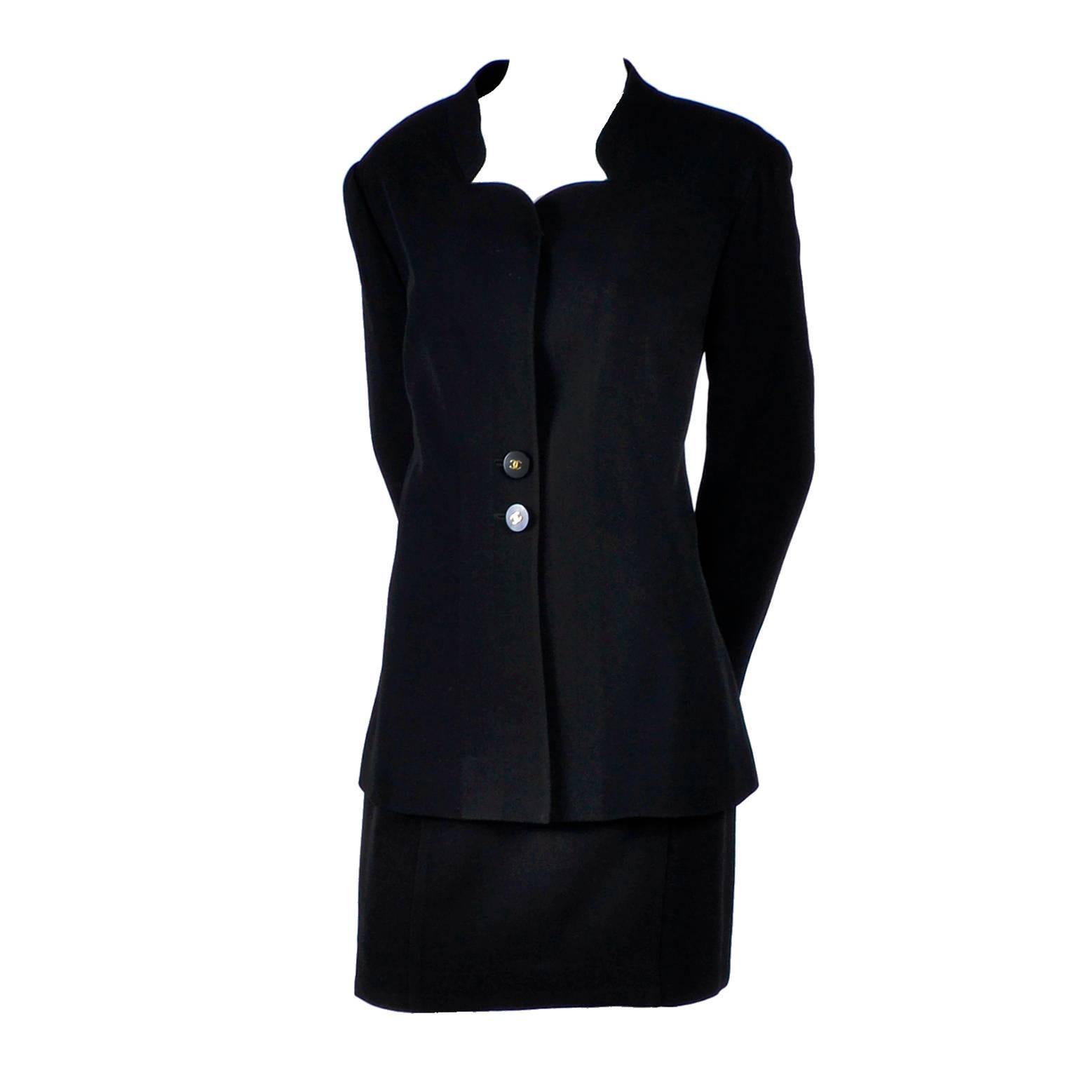 Black Wool Chanel Blazer and Skirt Suit Notched Collar Jacket