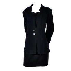 Black Wool Chanel Blazer and Skirt Suit Notched Collar Jacket