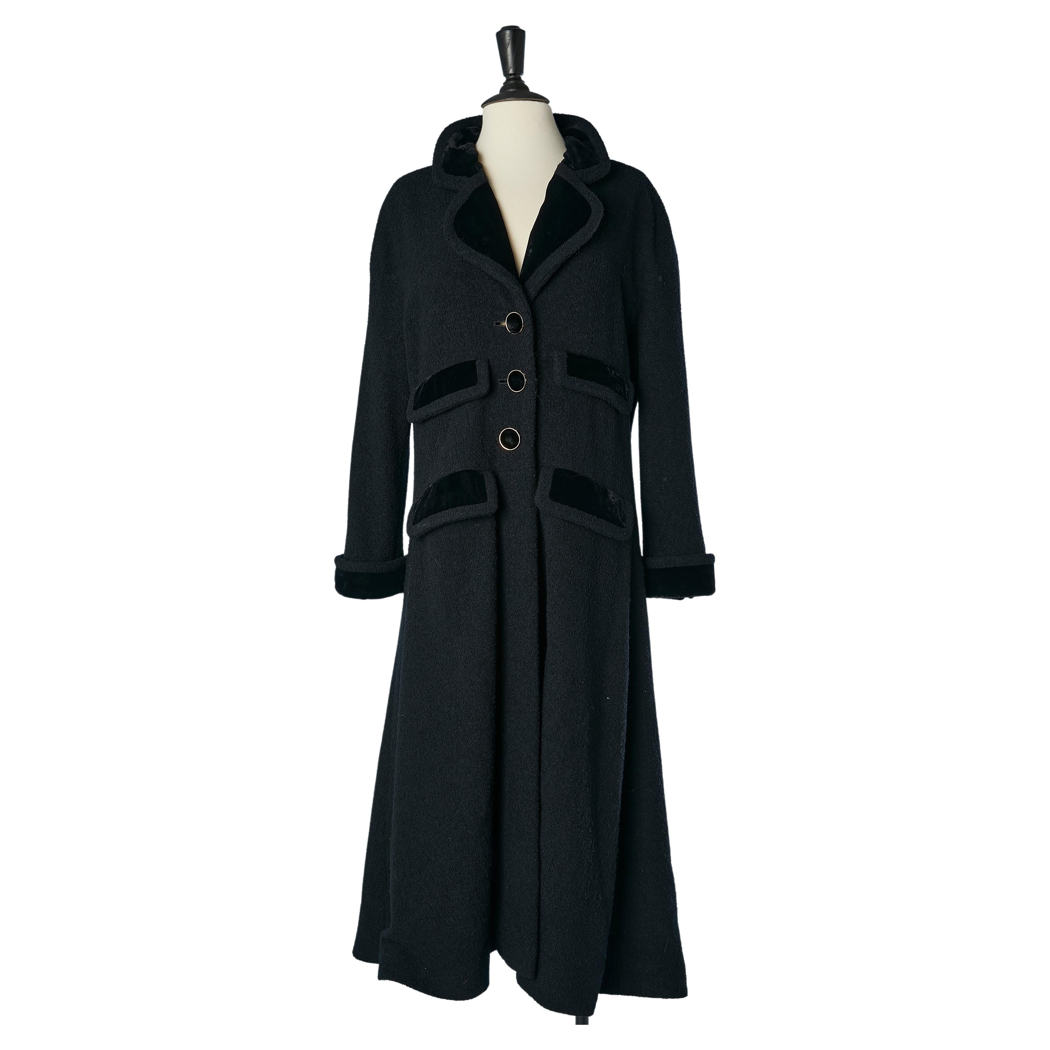 Black wool coat with black silk velvet details Chanel Boutique  For Sale