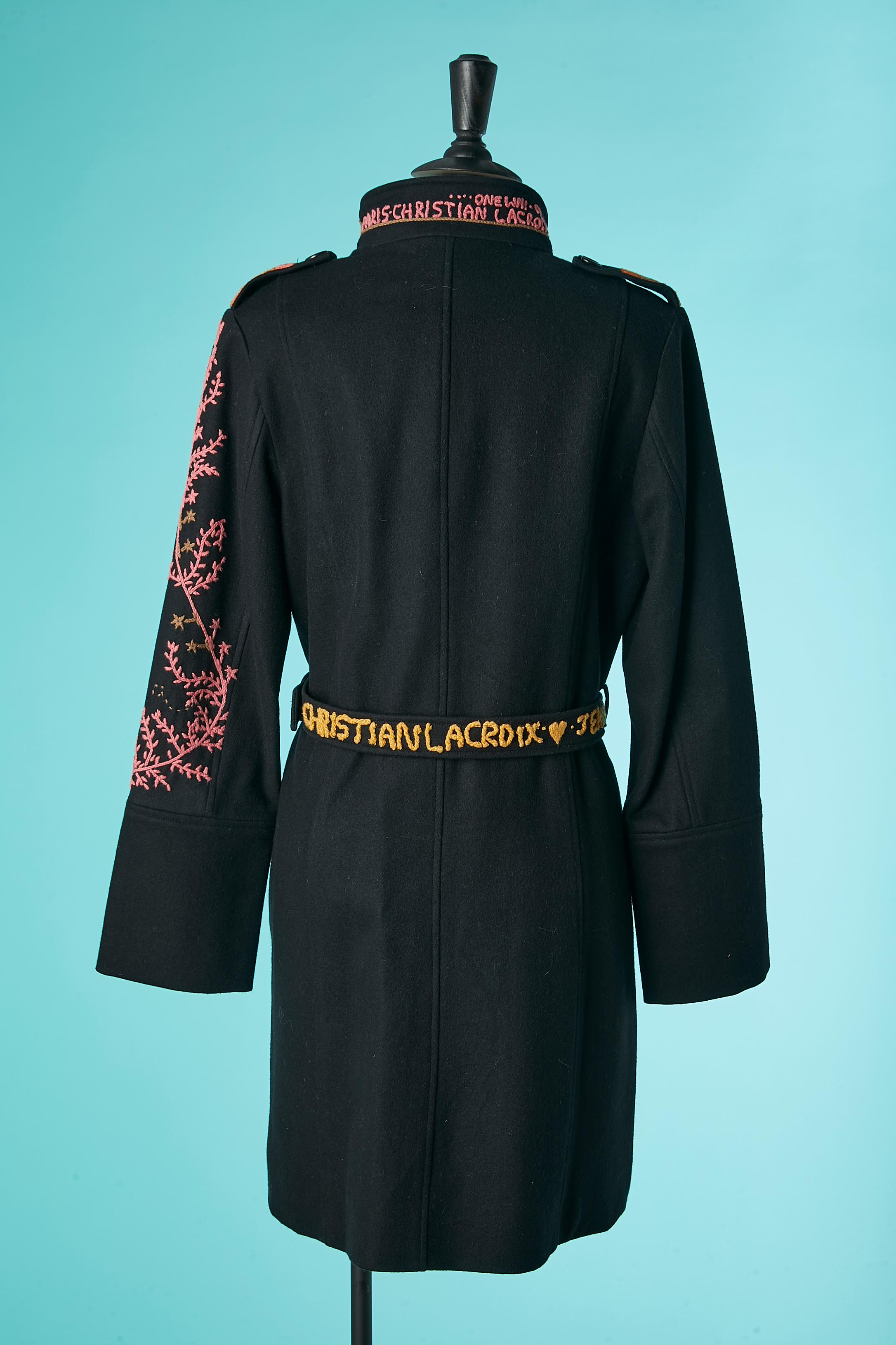 Black wool coat with wool embroideries Christian Lacroix Jeans  For Sale 1