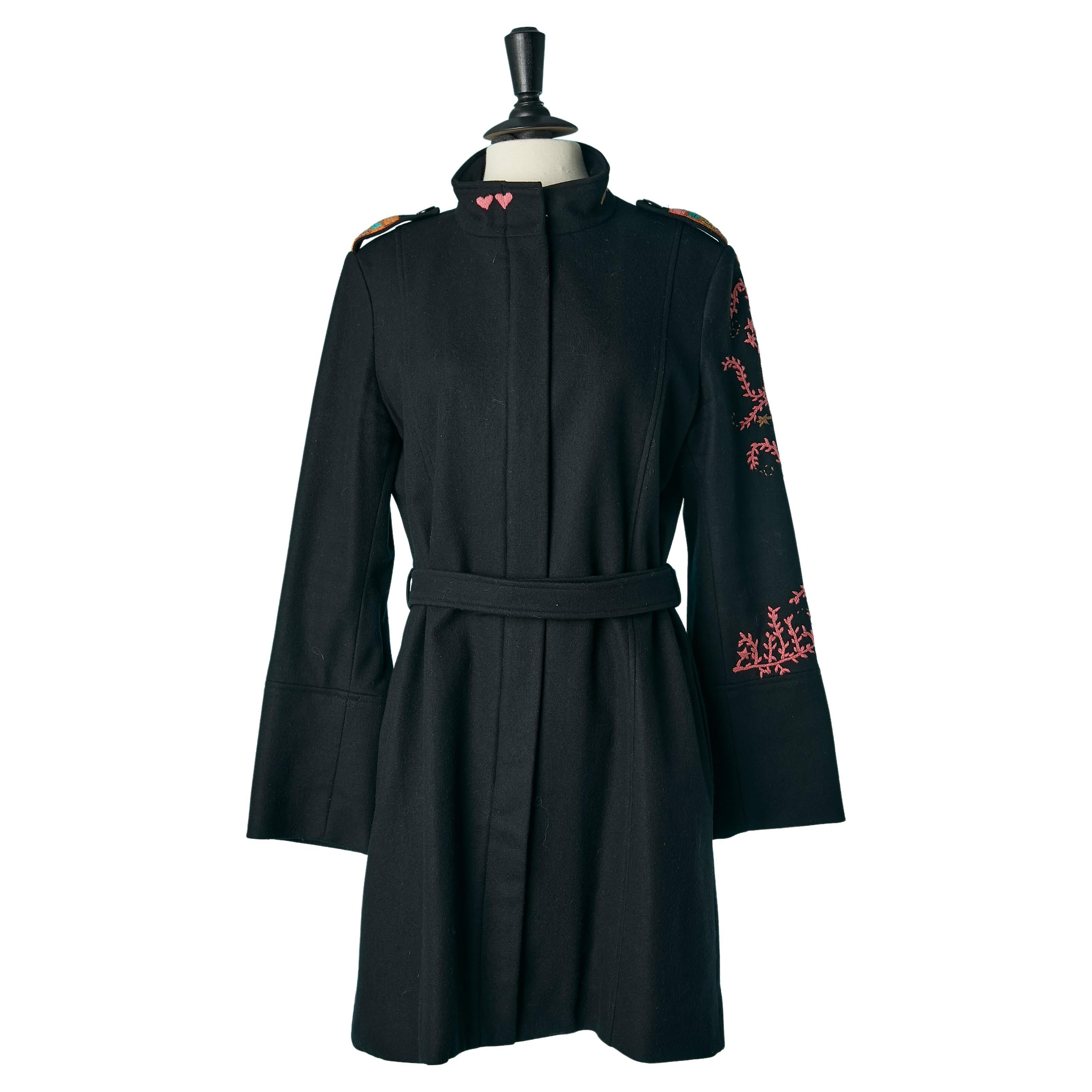 Black wool coat with wool embroideries Christian Lacroix Jeans  For Sale