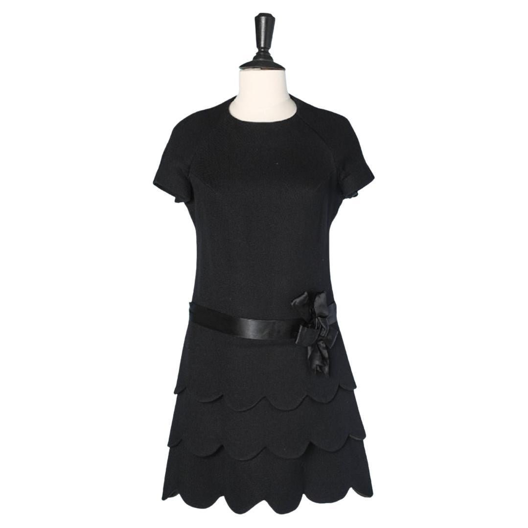 Black wool cocktail dress with and satin belt & bow Vager Nastat Real  For Sale