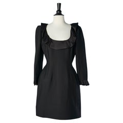 Black wool cocktail dress with black satin ruffles Lanvin par Alber Elbaz