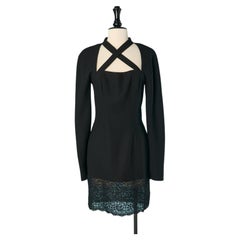 Vestido de cóctel de lana negra con borde inferior de guipur GUY LAROCHE SPORTWEAR