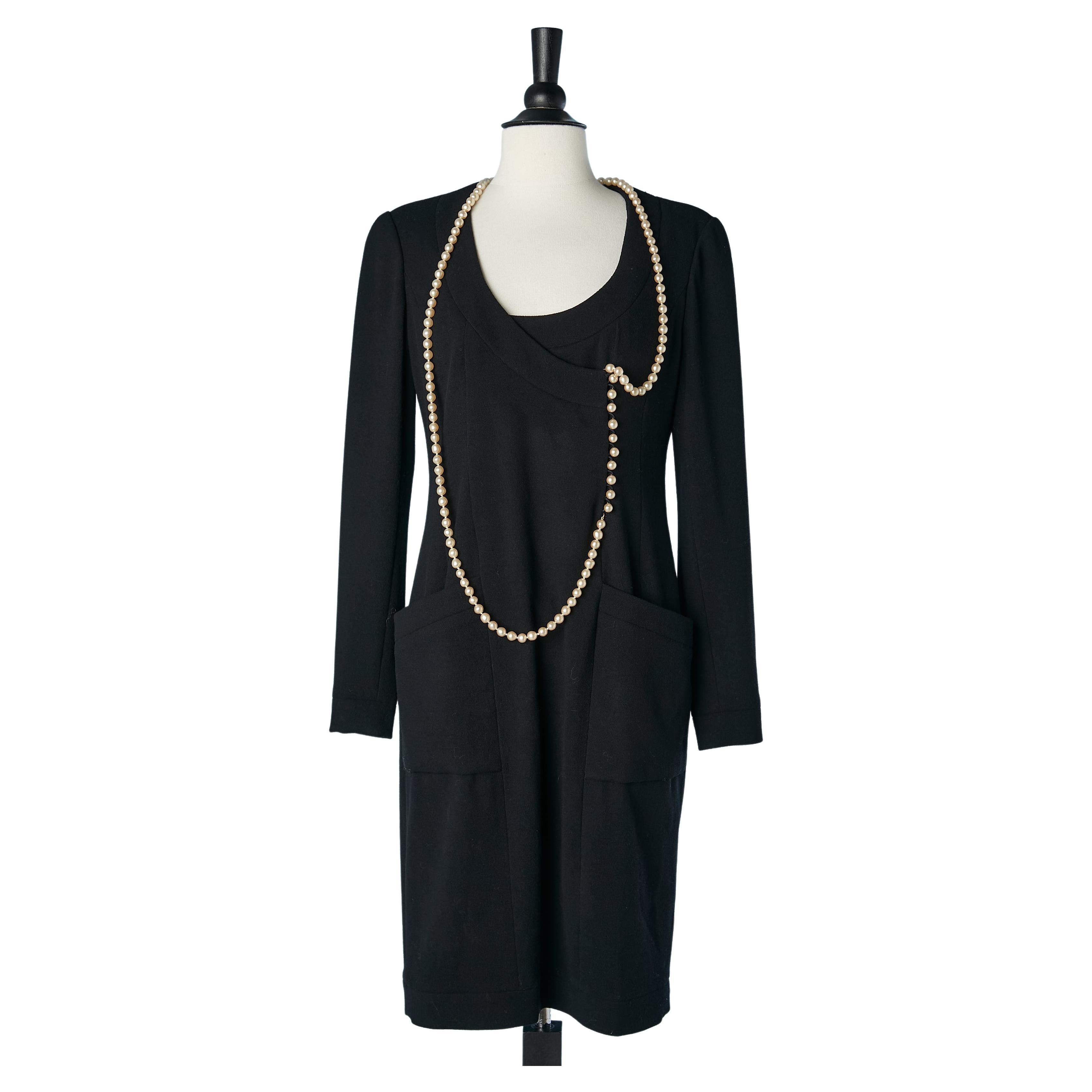 Black wool cocktail dress with pearls long neckless Chanel Boutique  For Sale