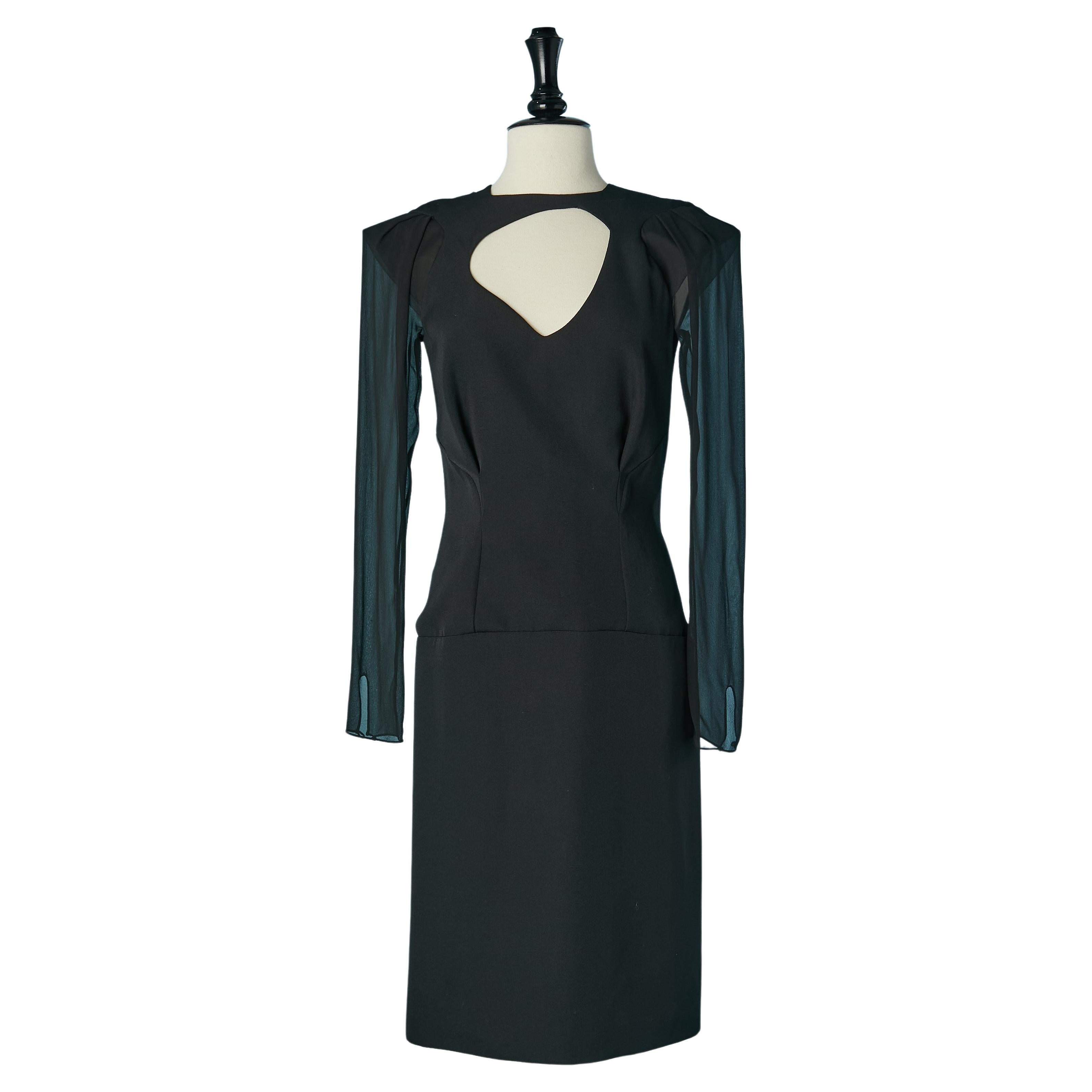 Black wool cocktail dress with silk chiffon see-through sleeves MUGLER NEW For Sale