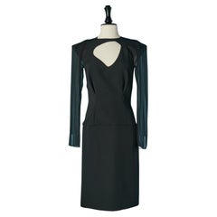 Abito da cocktail in lana nera con maniche trasparenti in chiffon di seta MUGLER NUOVO