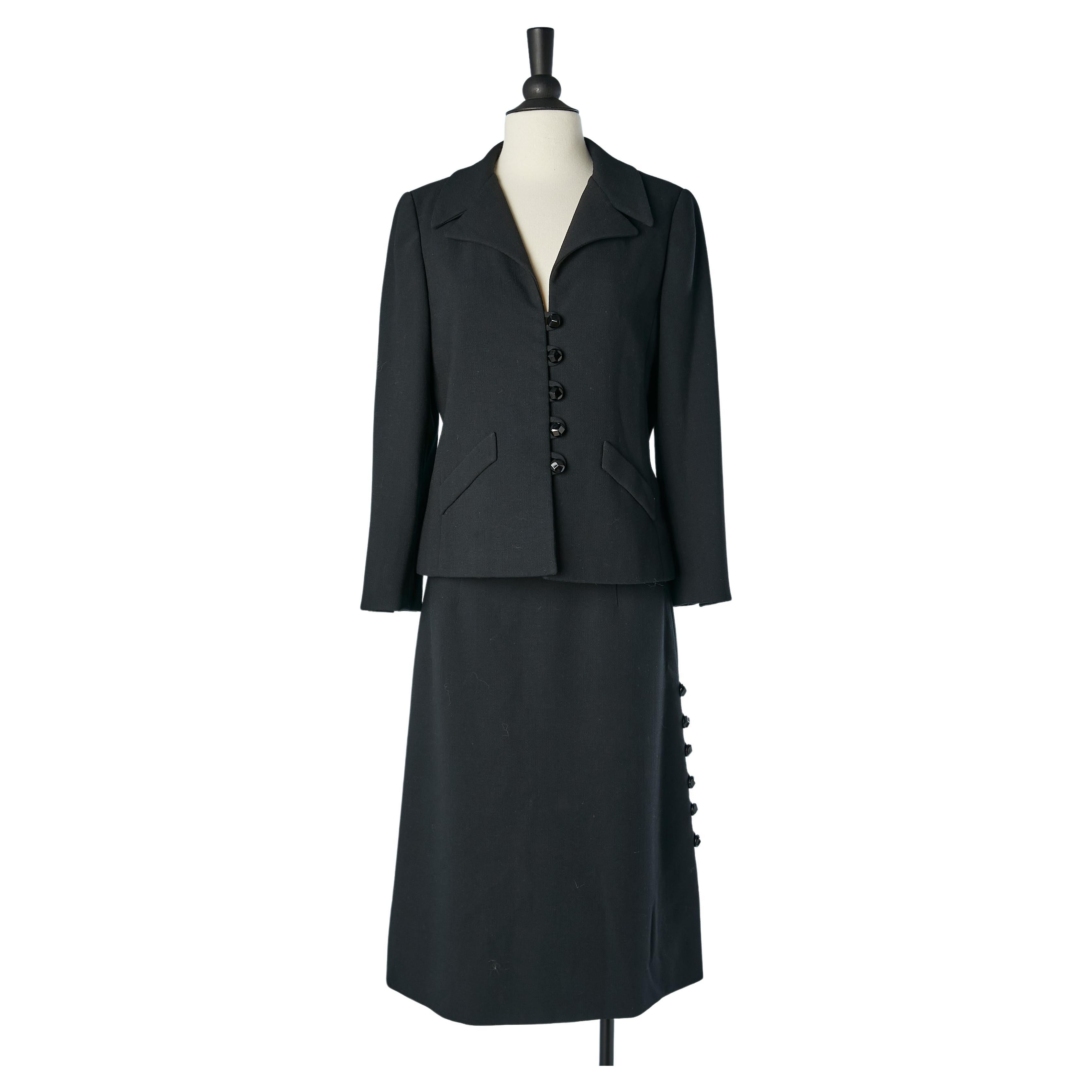 Schwarzer Woll-Crêpe-Anzug mit schwarzen Knöpfen Christian Dior New-York um 1950 im Angebot